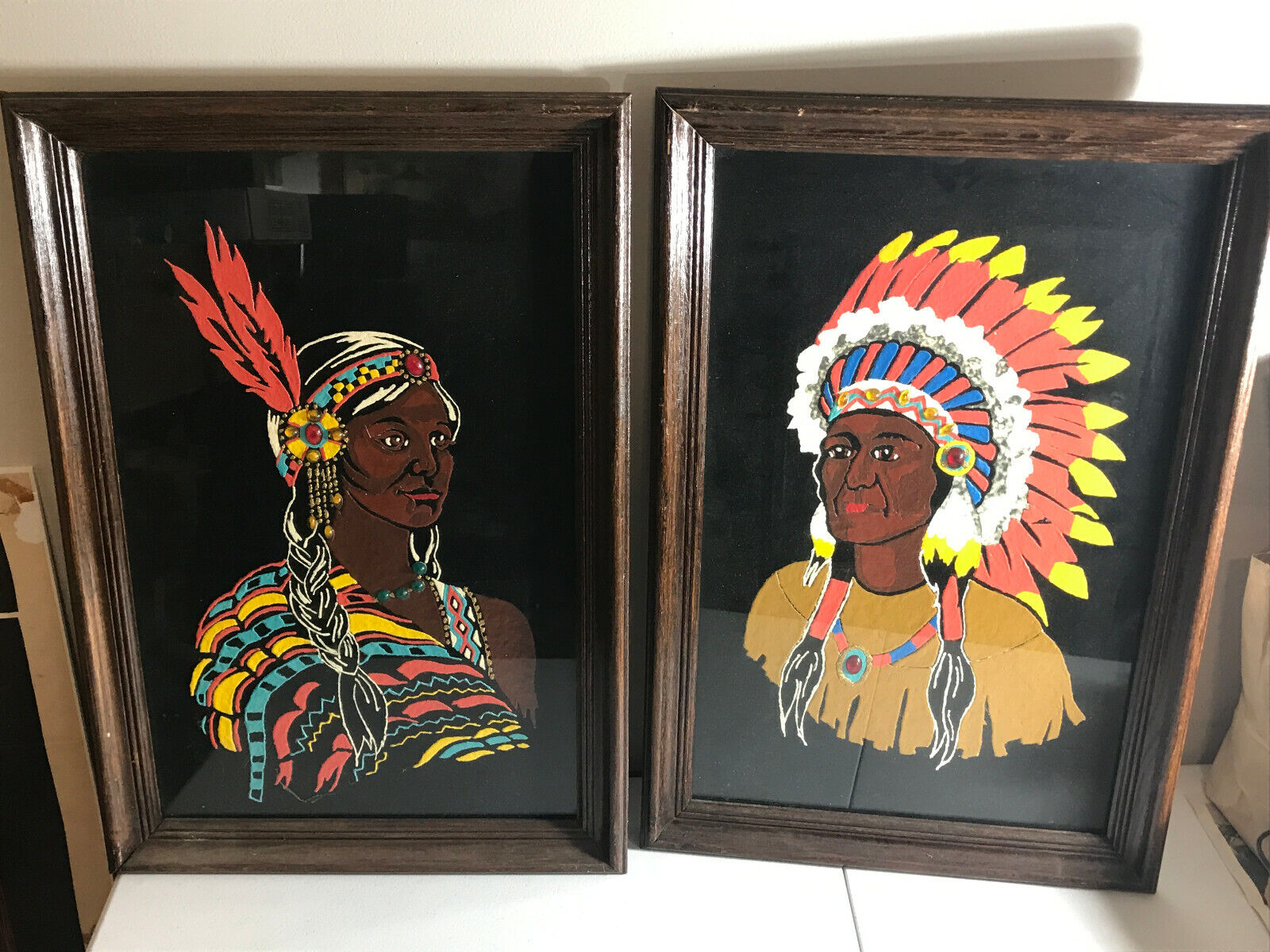 Pair (x2) Folk Art Native American Velvet Paintings NICE 16x25