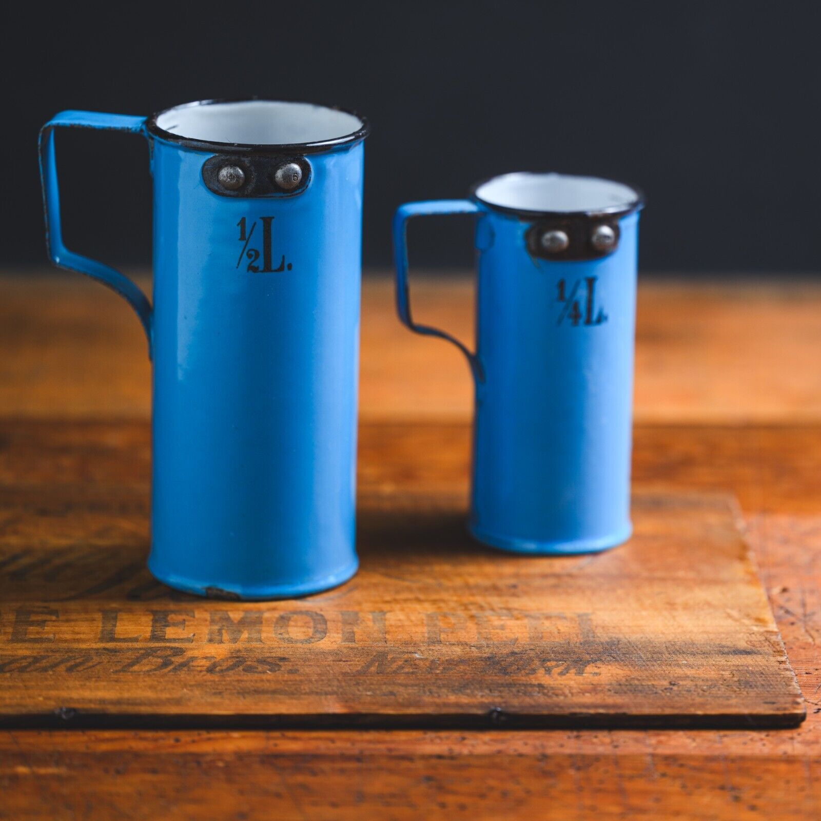 Rare Vintage Cylindrical Blue Enamel European Measuring Cups Metric