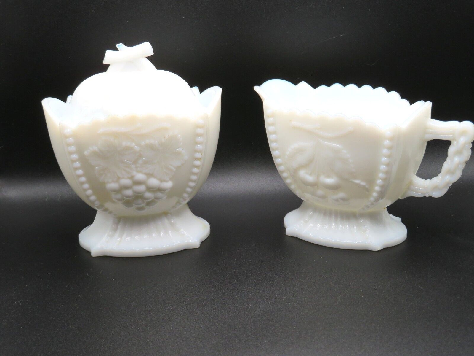 Westmoreland Vintage Milk Glass Cream and Sugar Set Grapes and Cherries