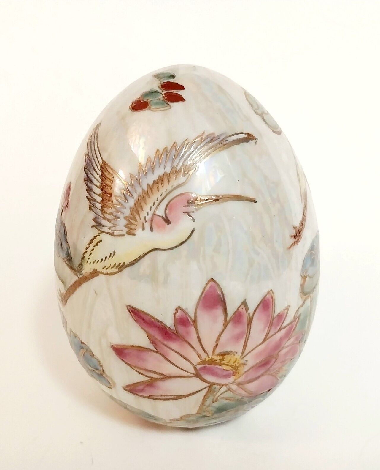 Cloisonné Egg Vintage Chinese Floral Birds Crane Multicolor Pink 4\