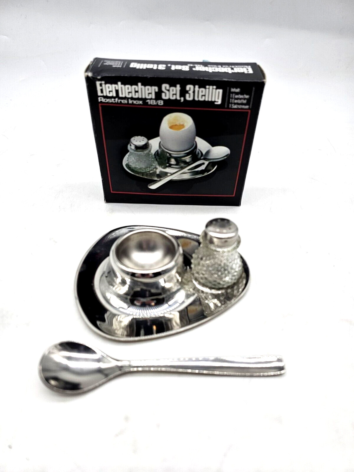 Eierbech Rostfros Inox Stainless Steel Egg Cup Holder Set Salt Shaker/Spoon
