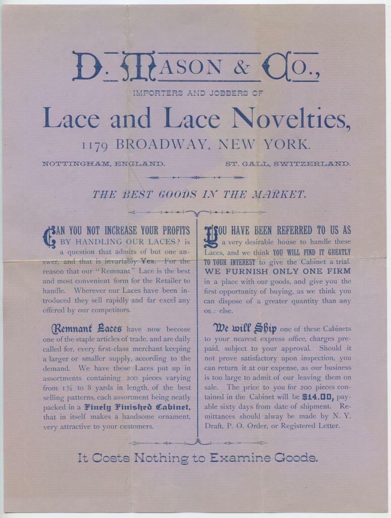 1890s D Mason Lace Novelties Hosiery Underwear Trade Flyer New York City
