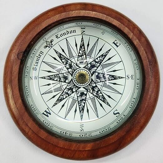 Half Moon Optical Illusion Desk Paper Weight Compass Wooden Solid Lens Nautical