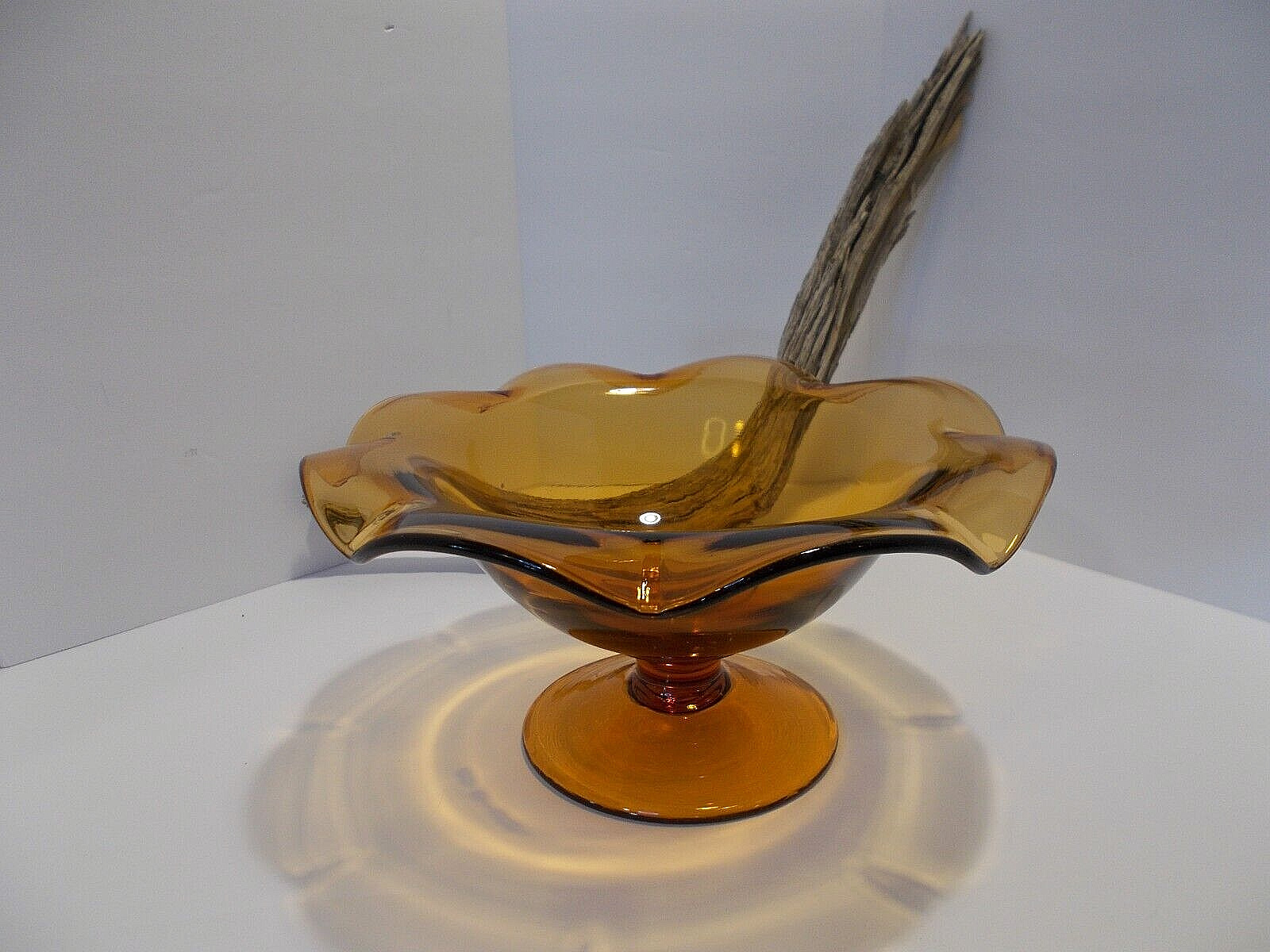 Vintage Amber Indiana Glass Scalloped Edge Pedestal Compote / Fruit Bowl
