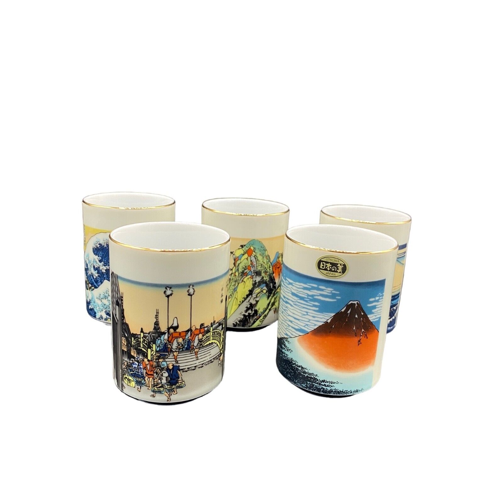 5 Nakagama Japanese Scene Porcelain Cups Sake Tea Juice 3 1/2 inch T