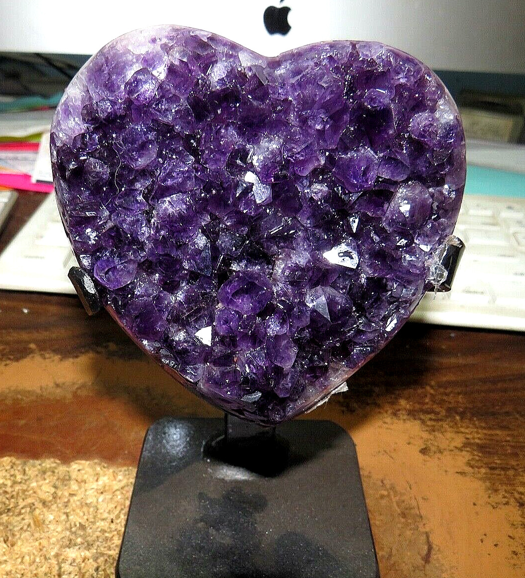 LARGE AMETHYST CRYSTAL CLUSTER HEART GEODE F/ URUGUAY CATHEDRAL STEEL STAND; 17