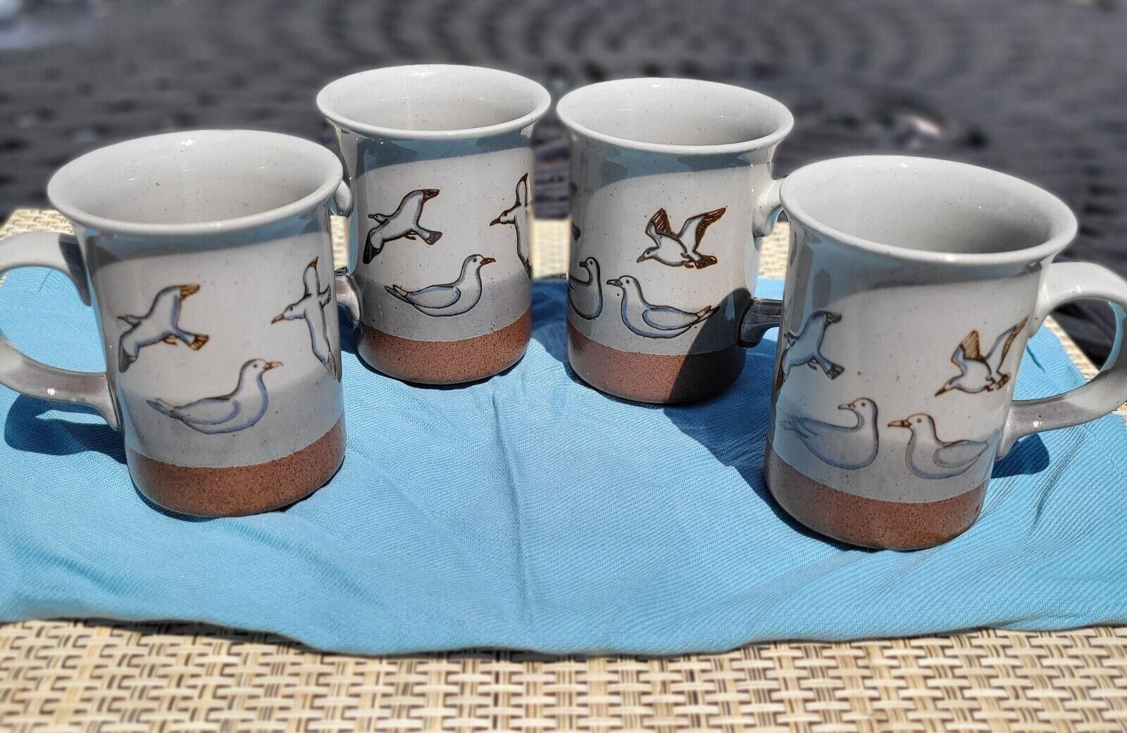 Lot of 4 Vintage Stoneware Seagull Mugs Brown Speckled 10oz Beach Shore SEE PIC