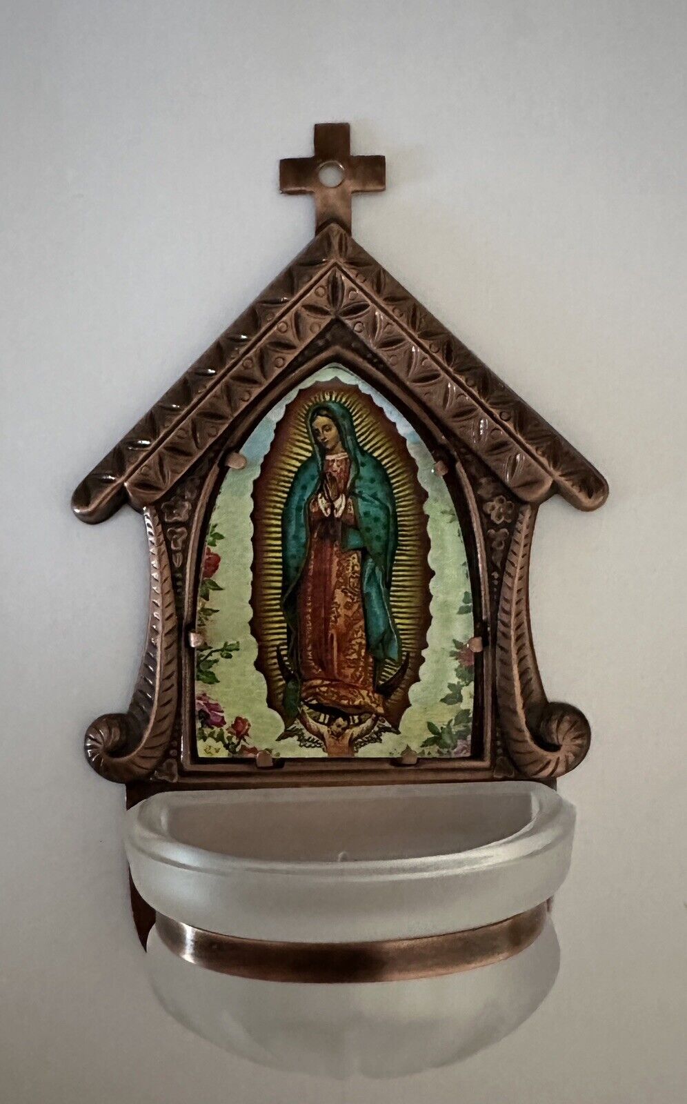 Holy water font-Our Lady of Guadalupe-glass,antique copper frame