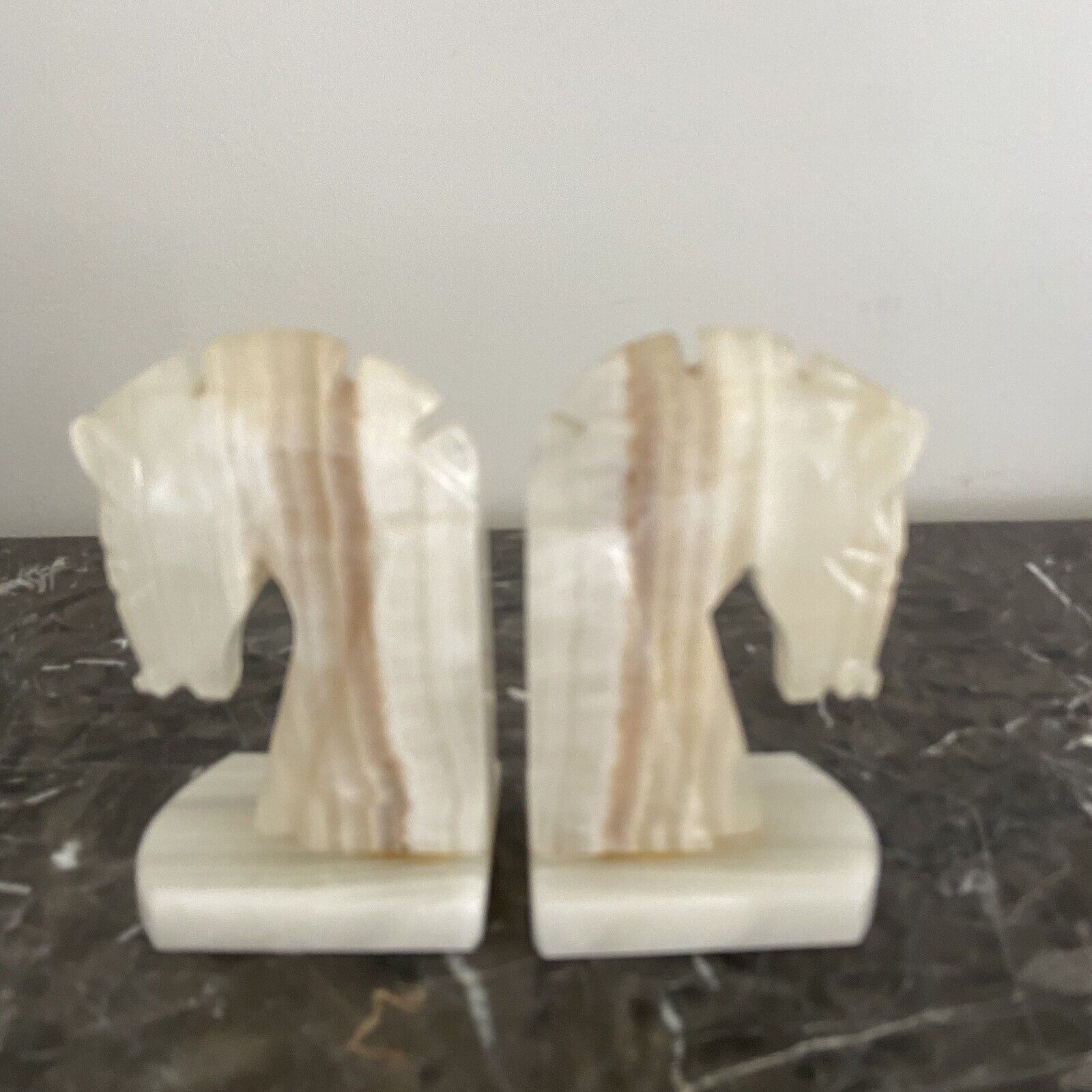 Vintage Onyx Stone Trojan Horse Head Carved  Rock Bookends