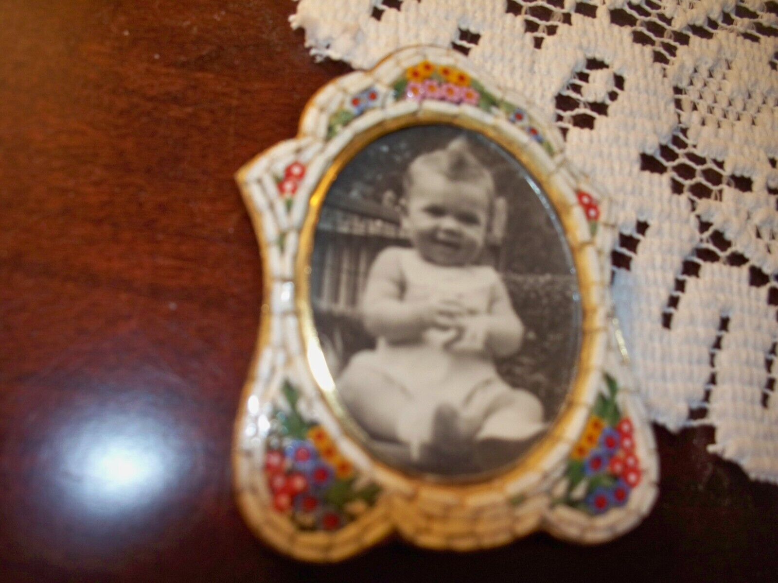 Vintage Micro Mosaic Picture Frame with Easel Back and Baby Photo Miniature