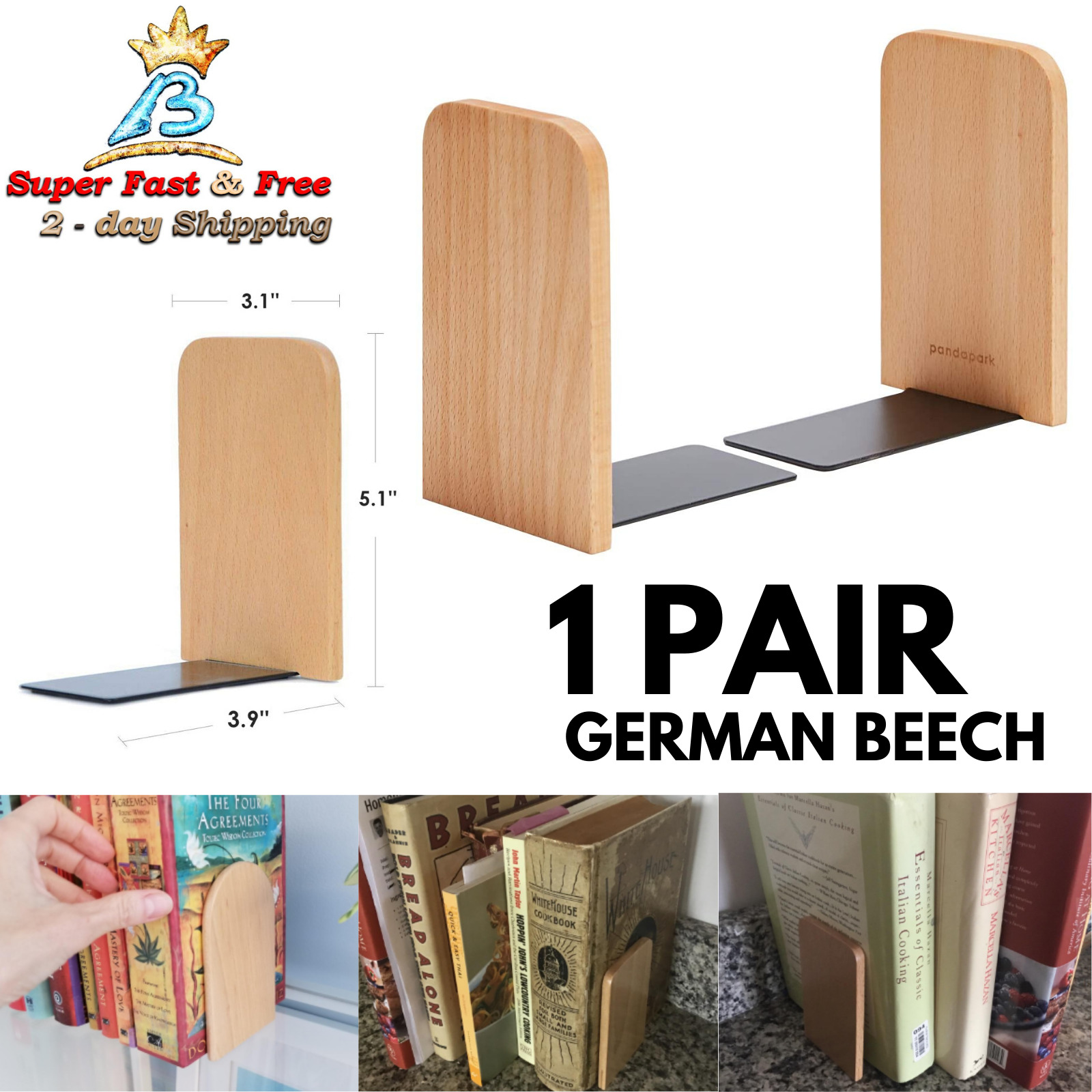 Wooden Bookends Book Support Organizer Shelves Simple Book Stand Beech 1 Pair