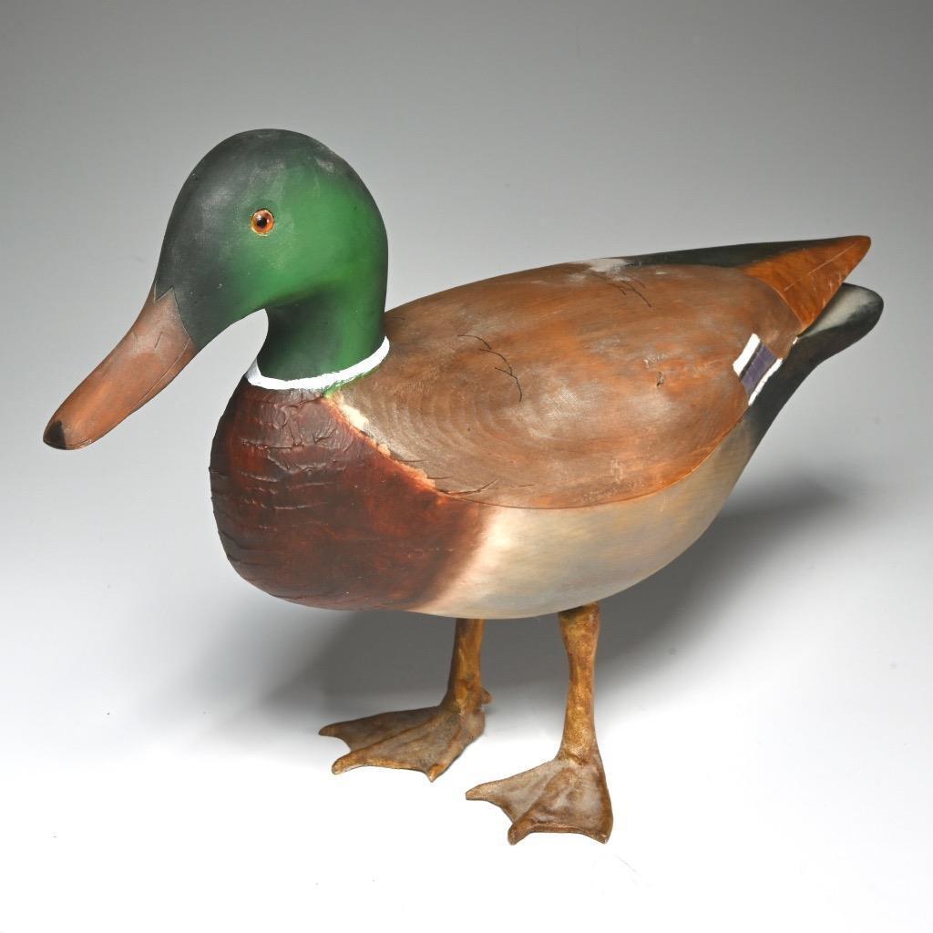 Life Size Hand Carved Wooden Mallard Duck Decoy with Steel Feet Signed Vintage