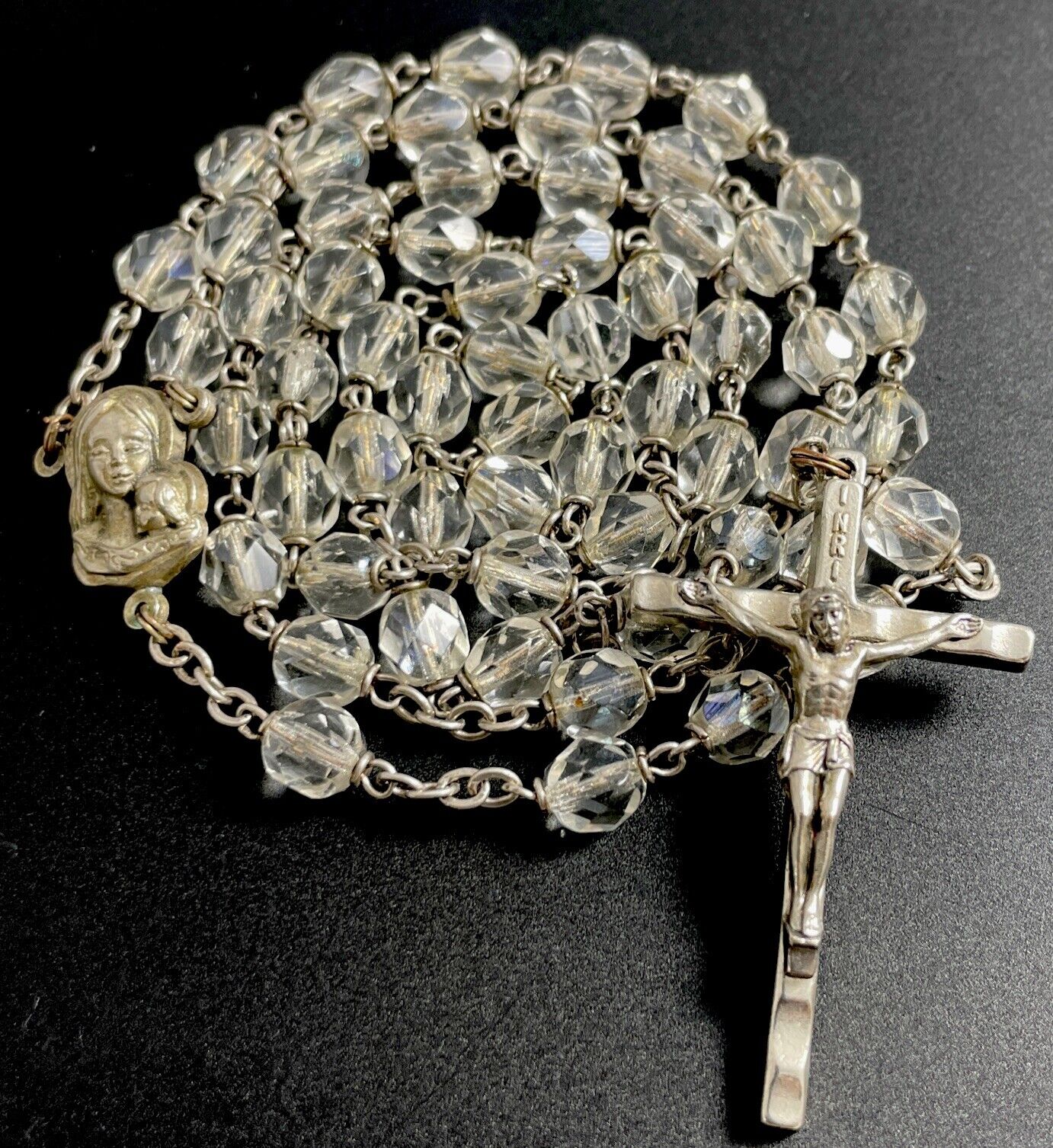 Vintage Catholic Faceted Crystal Rosary, Silver  Tone Crucifix