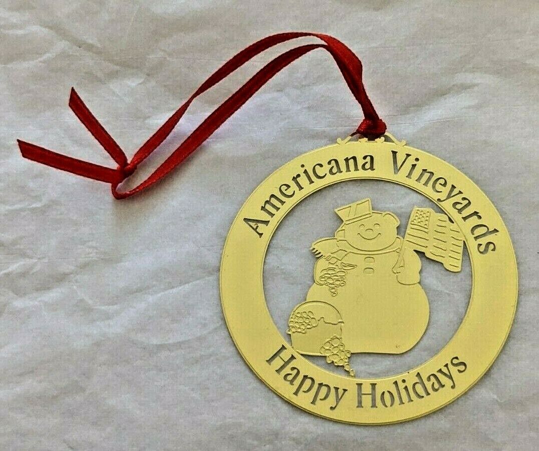 Americana Vineyards New York NY Christmas Ornament Snowman Gold Toned Metal RARE