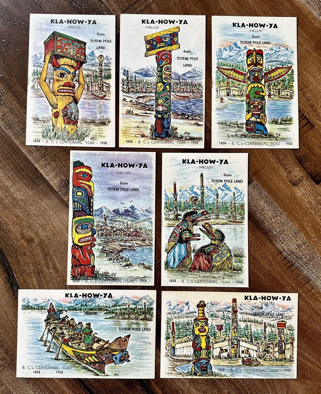 Vintage Set Of Postcards Kla-How-Ya 1858 B.C.Centennial Year 1958 Lot Of 7