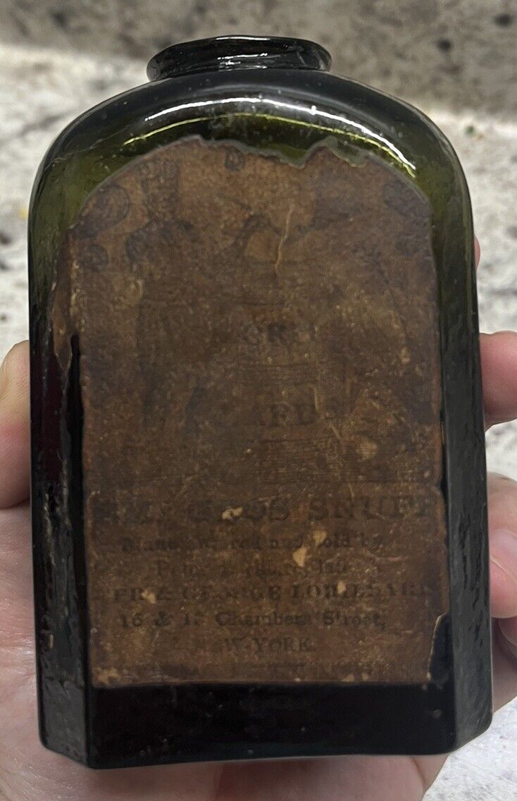 VERY CRUDE NICE COLOR EARLY MACCOBOY SNUFF BOTTLE WITH ORIGINAL LABELS AND CORK
