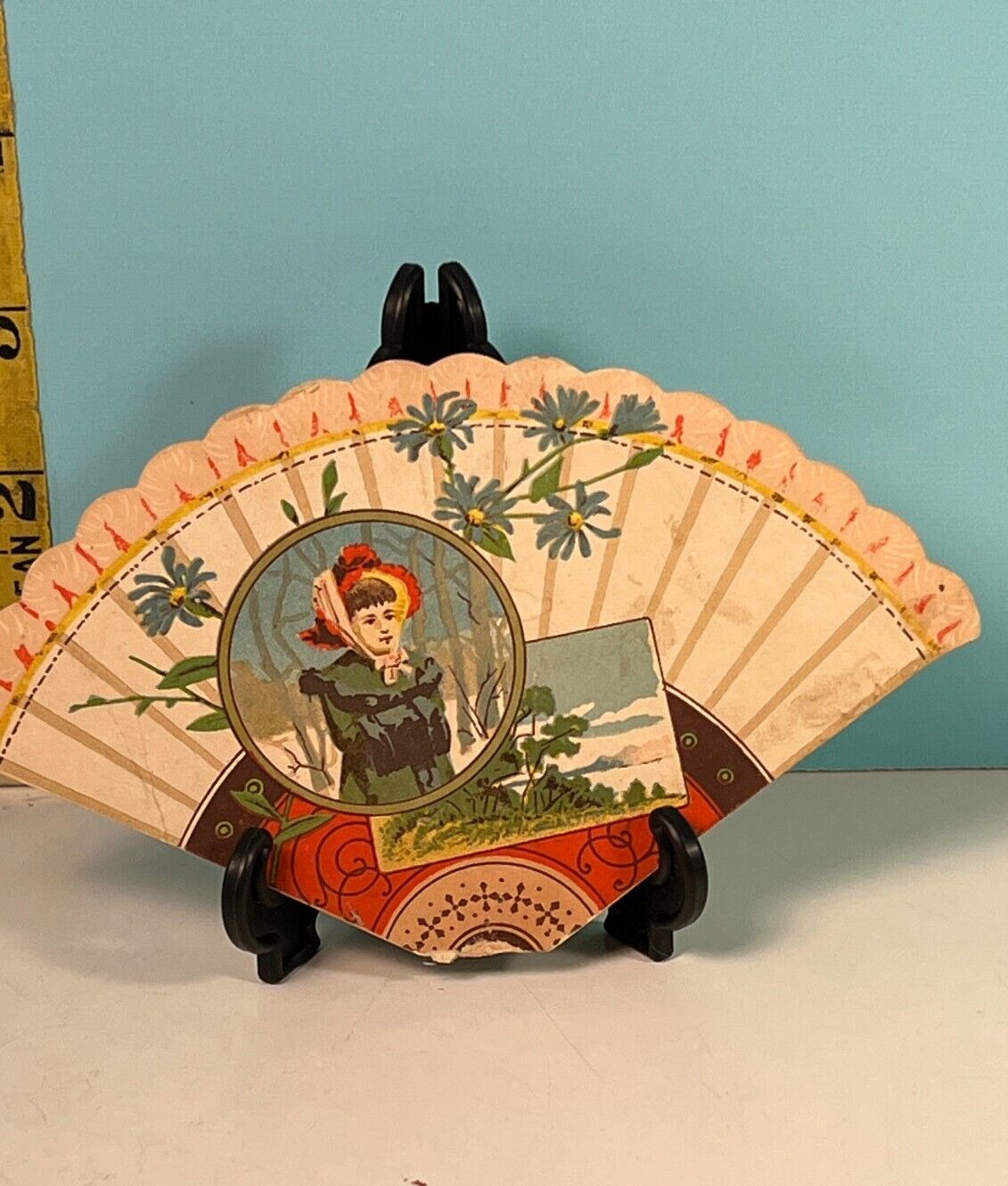 1883 Victorian decorative Fan Greeting Card .
