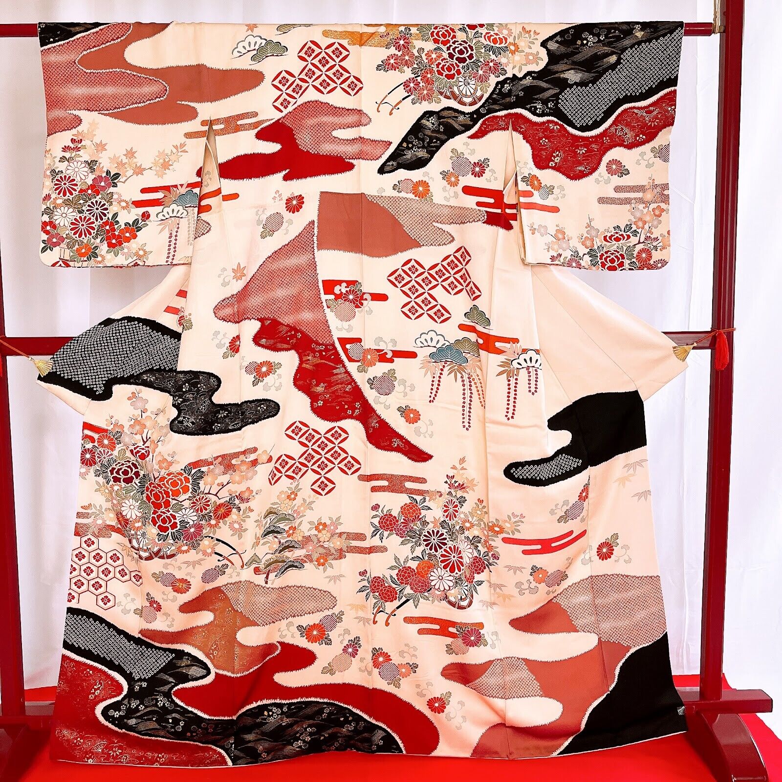 Japanese Kimono 'KOMON' Silk/Gold/Cream/Red/ Peony/Chrysanthemum/Maple