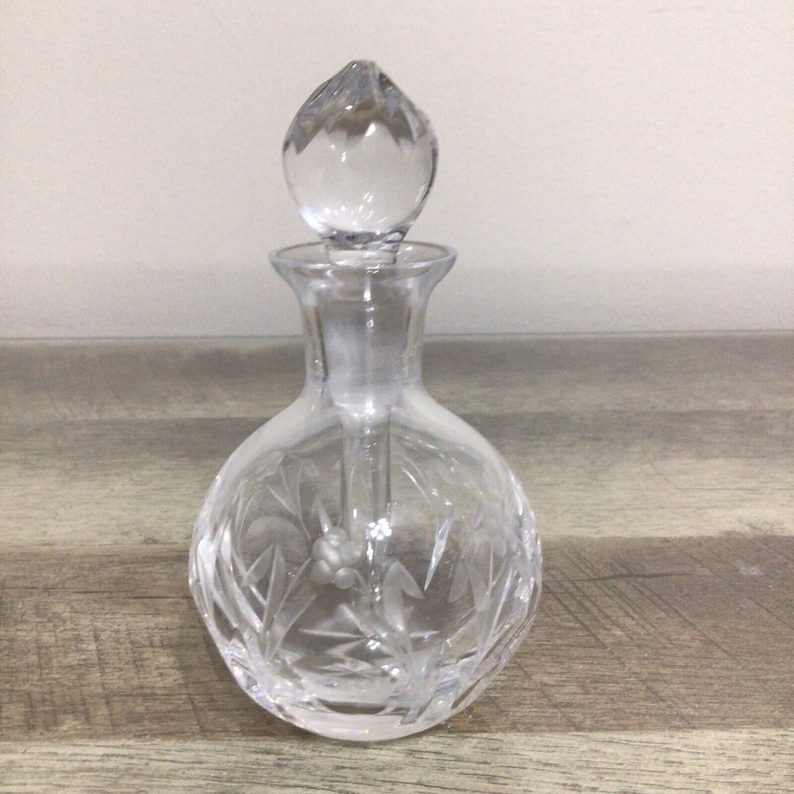 Vintage Cut Glass Perfume Bottle Etched Floral Design w/ Glass Stopper