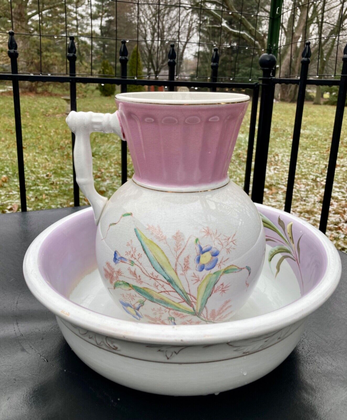 Antique Porcelain Wash Basin Bowl Pitcher Lavender Pink BB Artistic Wild Iris