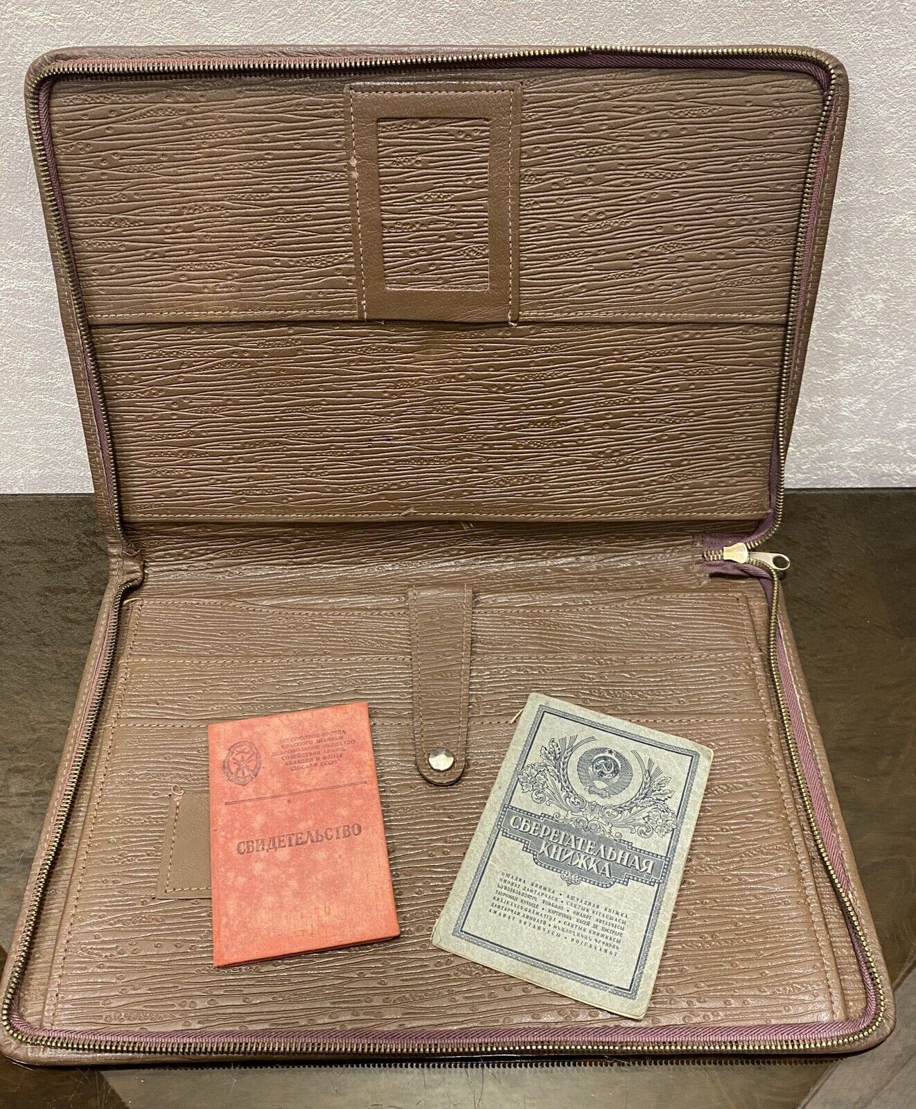 Vintage Leather Document Folder Business handbag Organizer, 1970s USSR