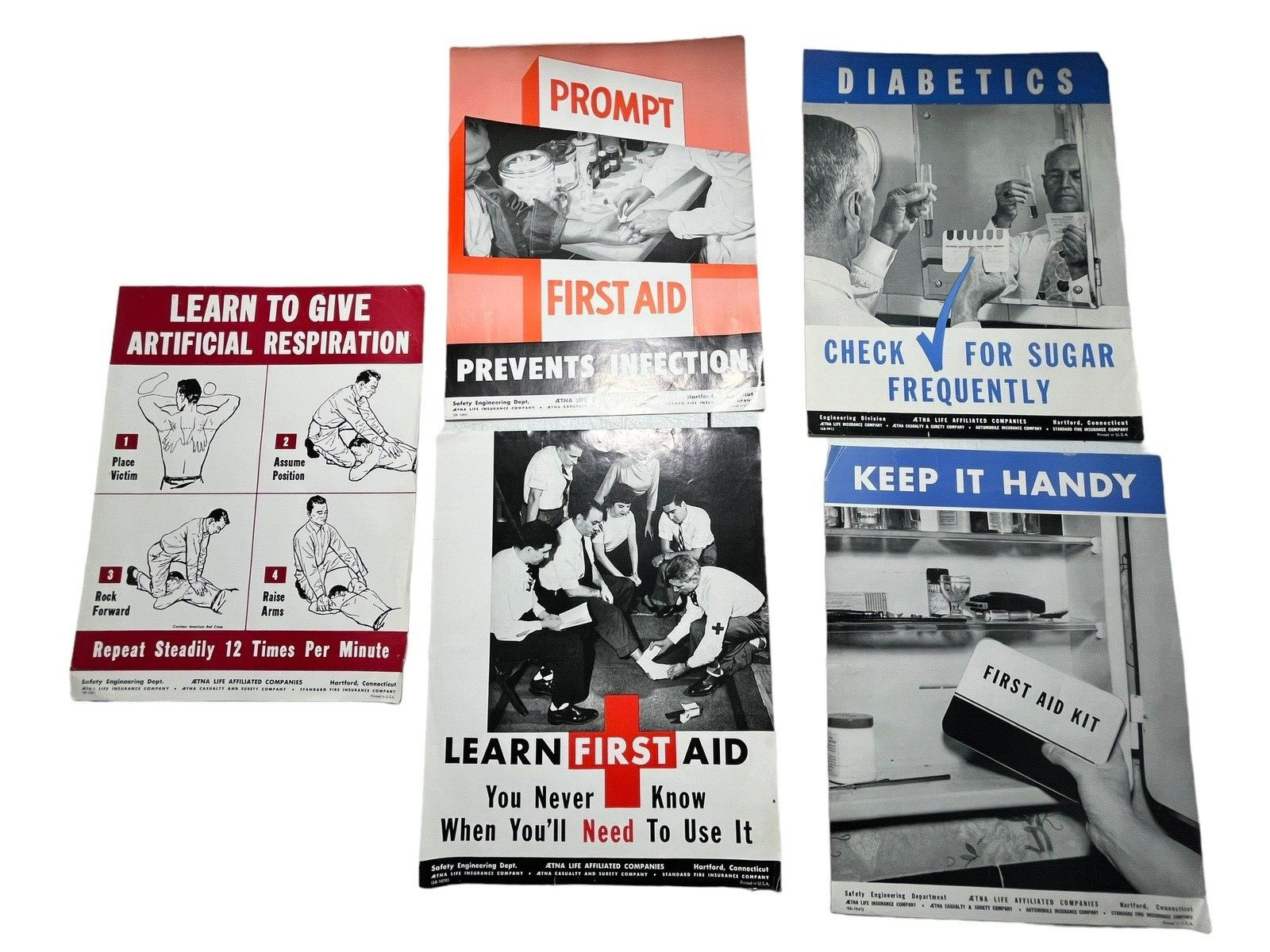 Vintage Aetna Insurance First Aid Posters Safety Hartford Conn. Lot of 5