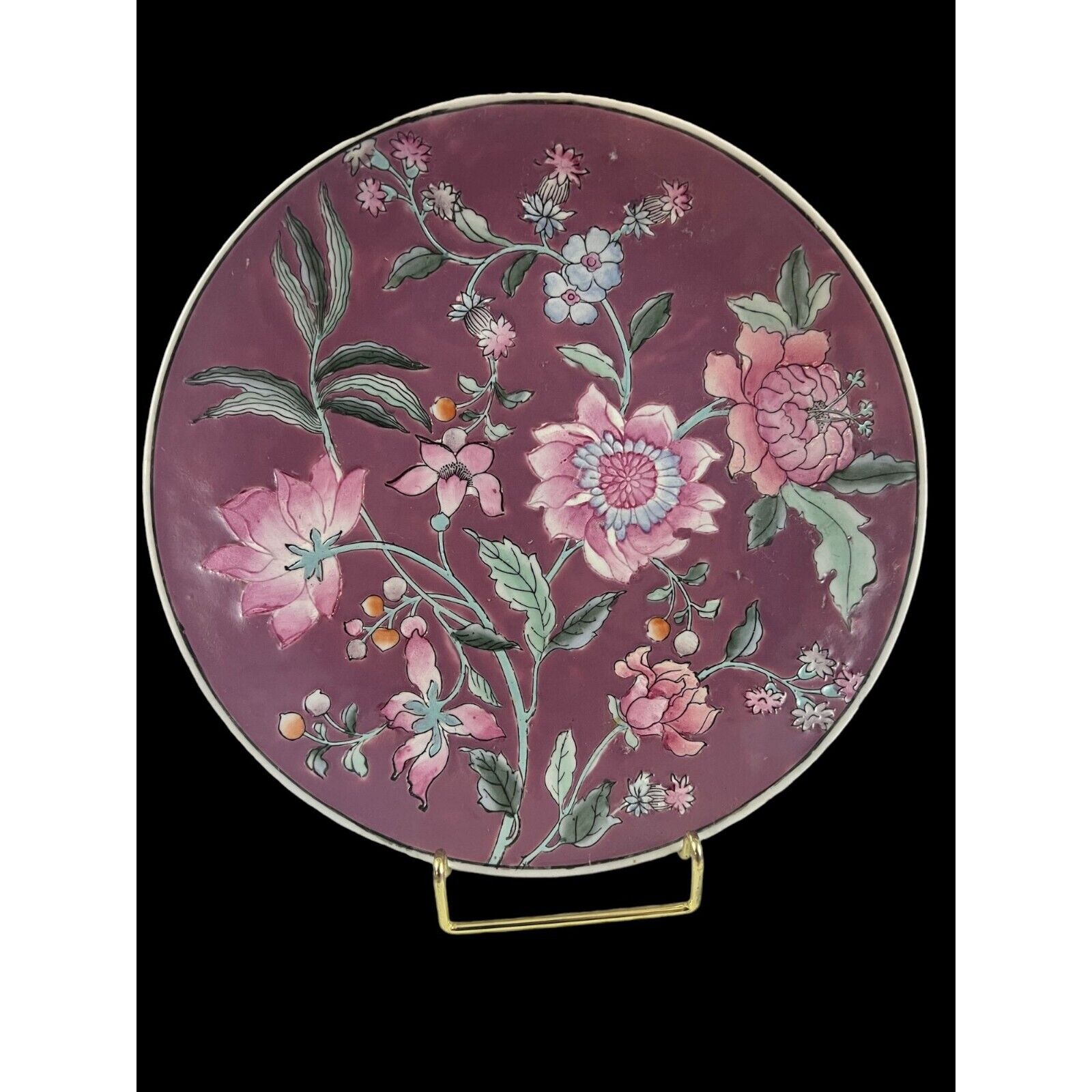 Vintage Mauve Pink Decorative Chinese Floral Home Decor Plate for Wall or Shelf