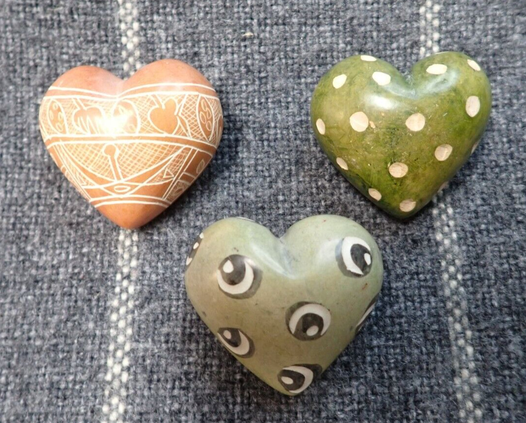 3 Vintage Hand Carved Heart Heavy Soap Stone Paperweights Kenya Swahili Imports