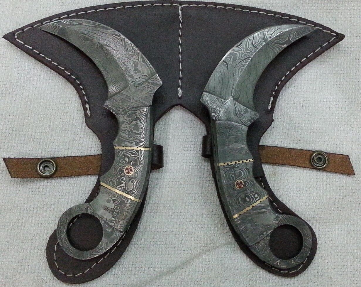 Custom Handmade Knife King\'s Damascus Steel double side sharp Karambit pair