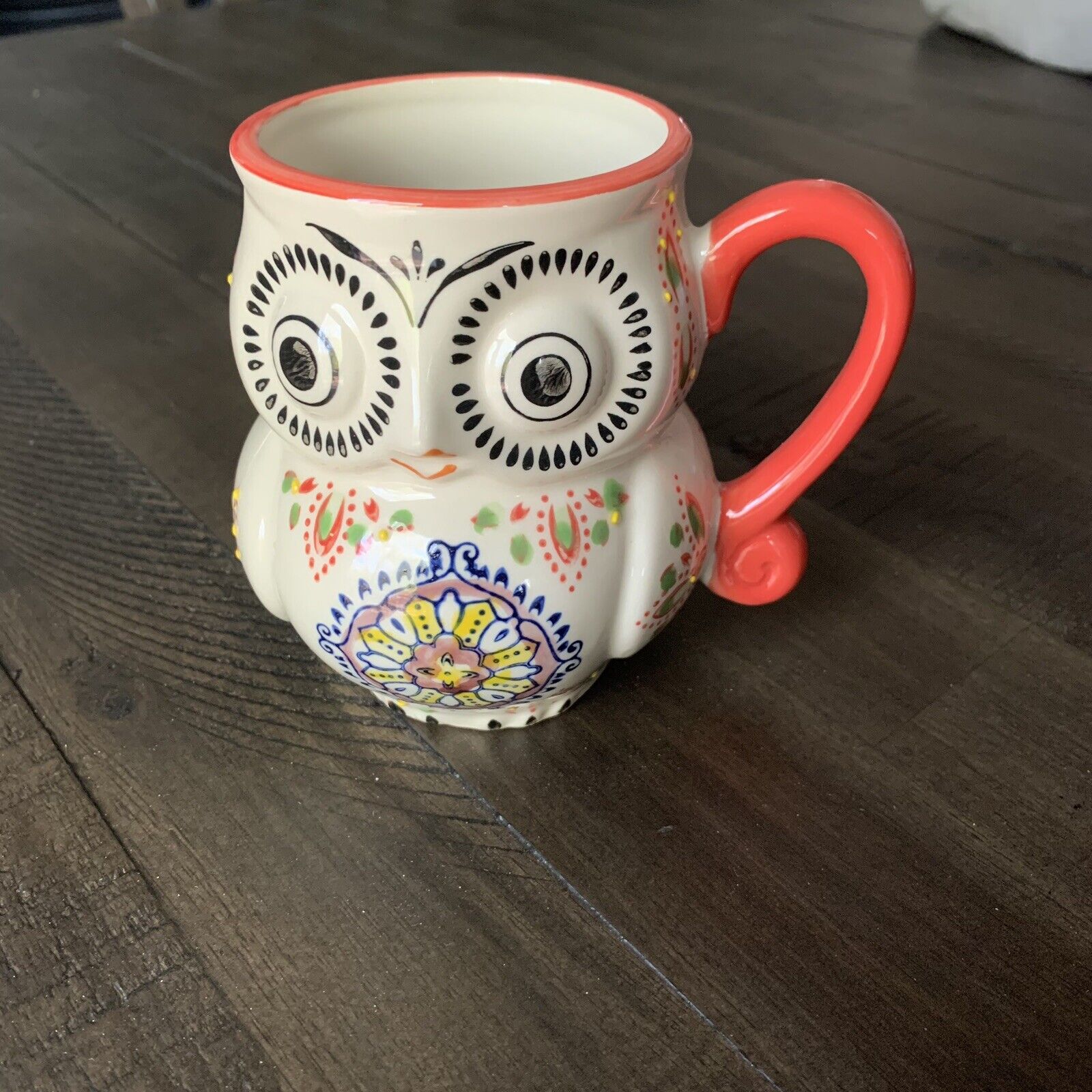 EB 3D Coffee Mug Owl White Blue Orange Handle Hand Painted Bohemian Pottery Cup
