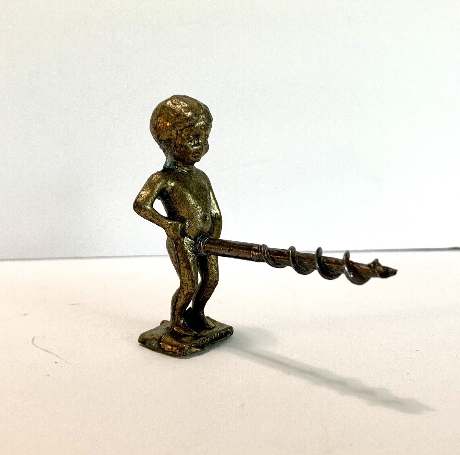 Vintage Small Brass CORKSCREW Nude Peeing Boy