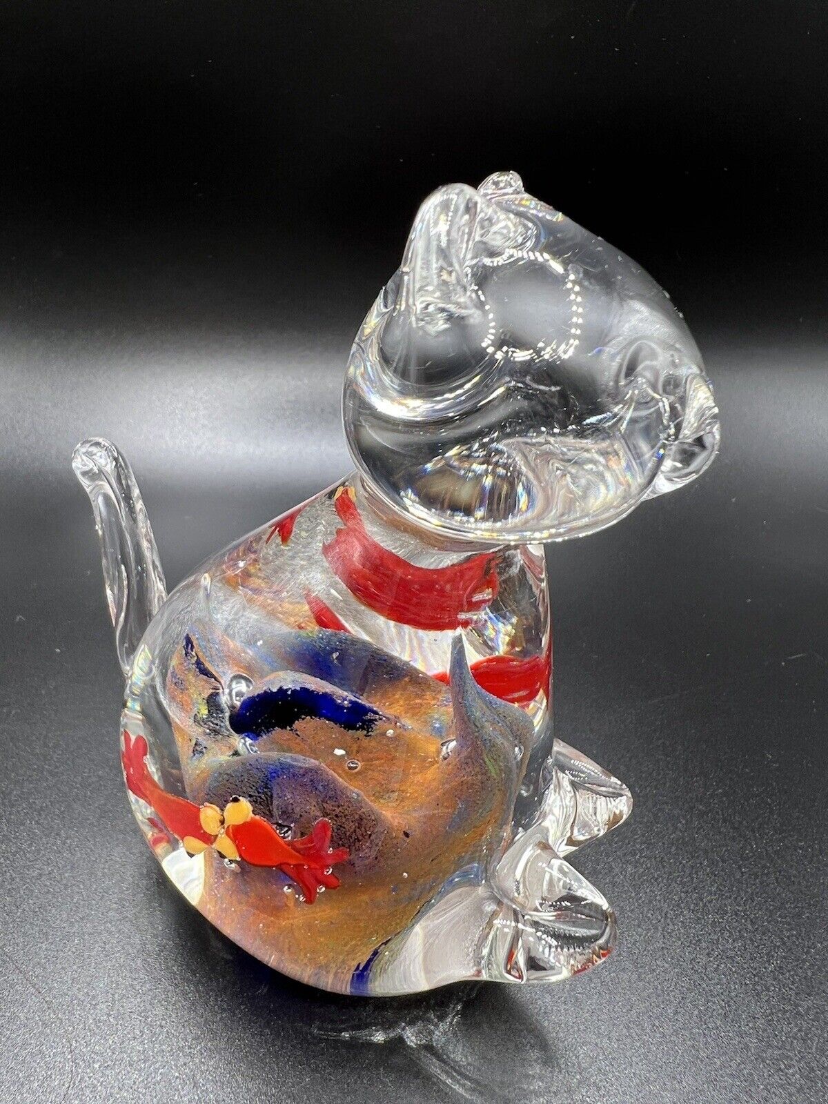 Art Glass Kitty Cat Paperweight Figurine Fish in Tummy 3.5” Tall Polished Base