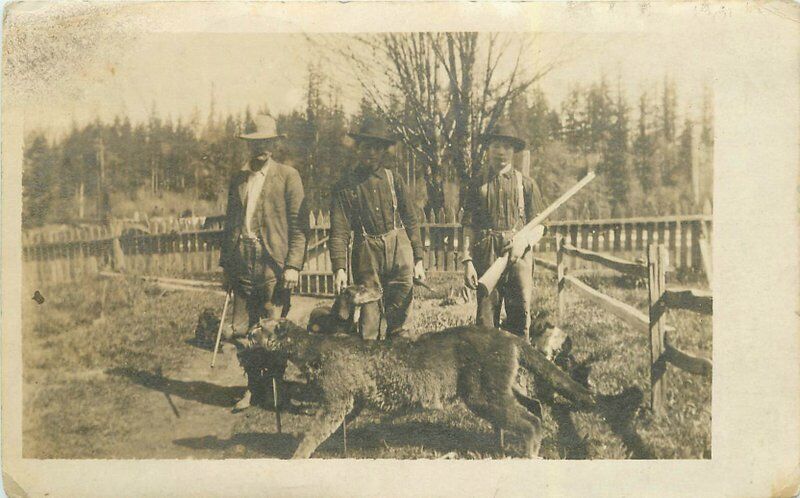 1908 Rural Life 3 men in hats with dog rifles RPPC Photo Postcard 21-10224