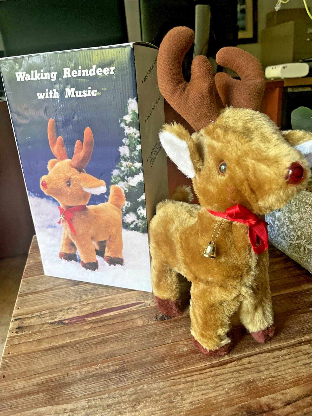 Vintage Musical Christmas Walking Reindeer Animated Light-up Nose Plush - Works