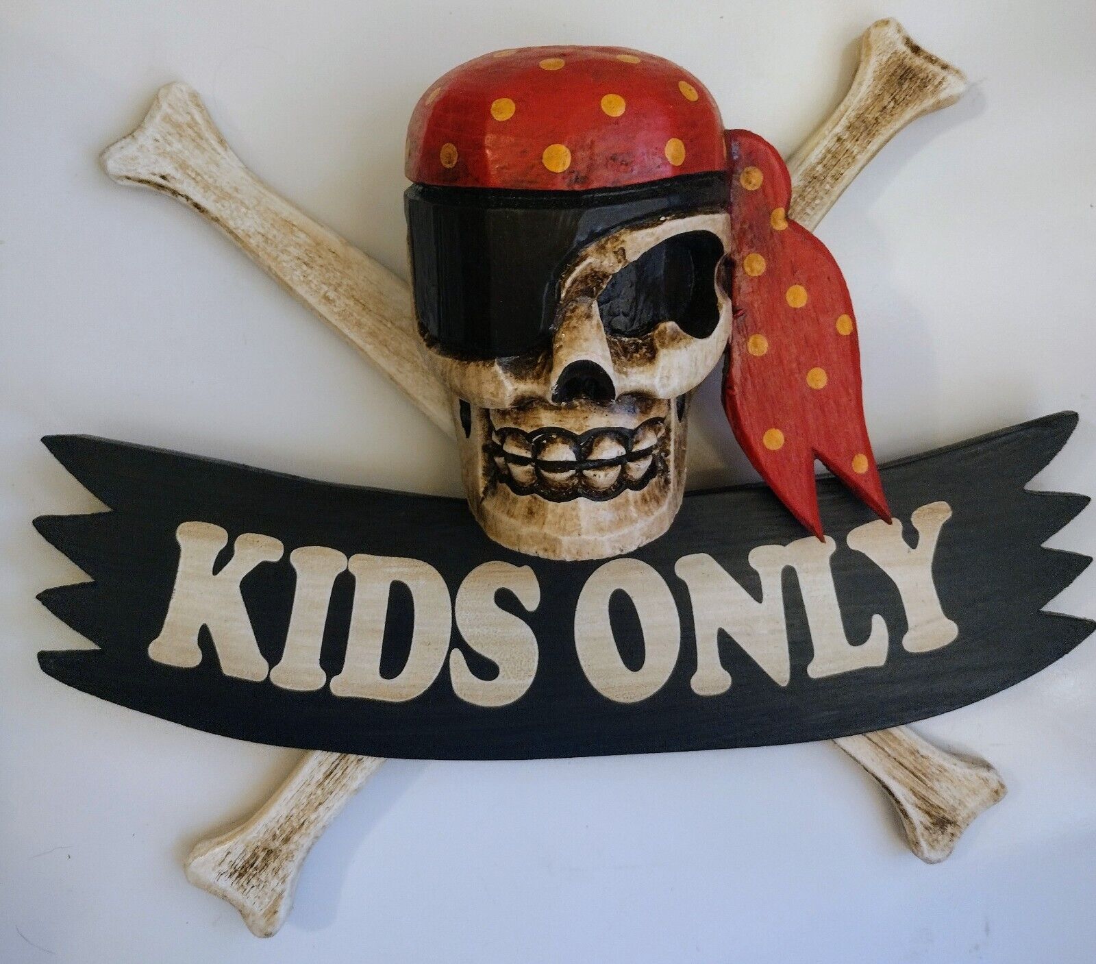 Beautiful Wood Handcrafted \'KIDS ONLY\' X Skull Sign 14\