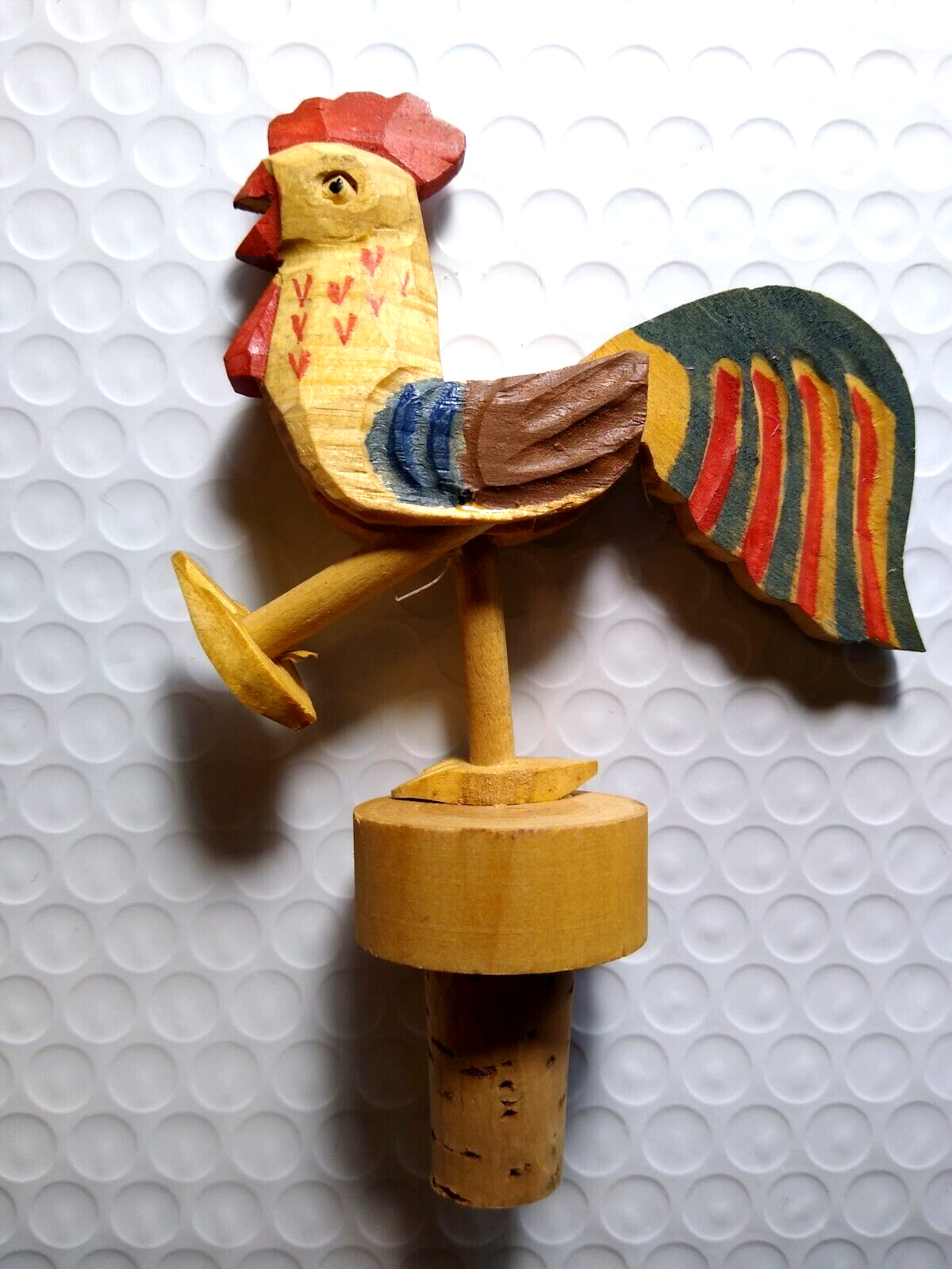 Mechanical Kicking Foot Rooster Hen Bottle Stopper Carved Wooden Bar Cork Anri