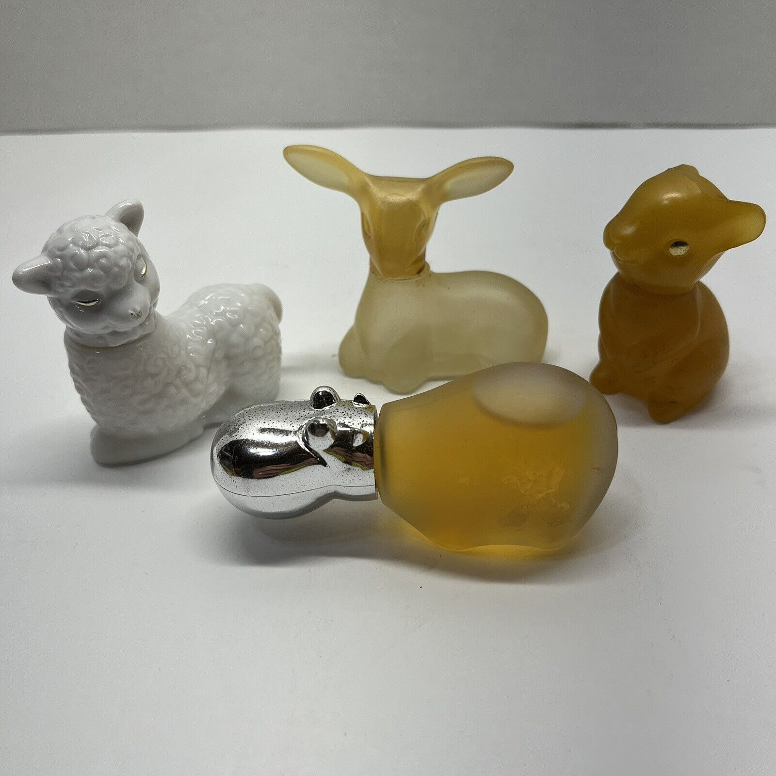 Lot of 4 Vintage Avon Animal Perfume Bottles Lamb Bunny Fawn Hippo