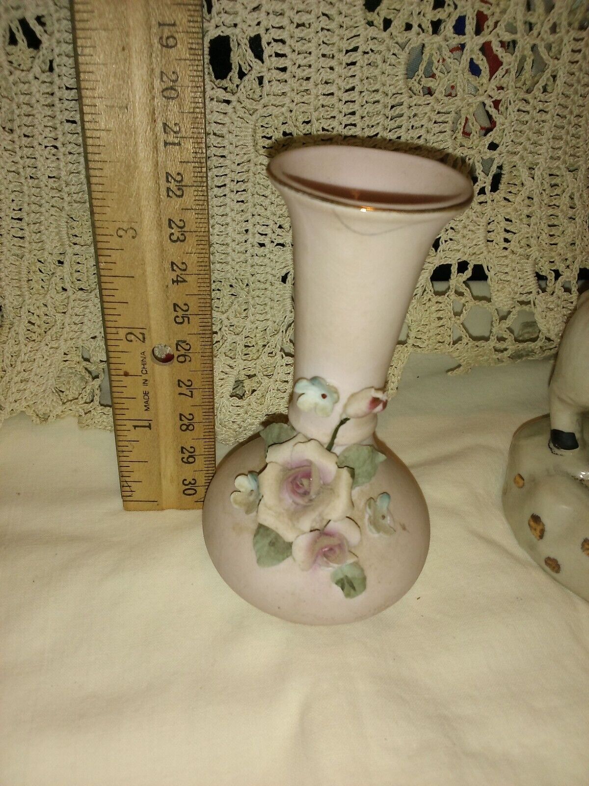 Vintage porcelain bisque left on bud vase applied roses dresden flowers