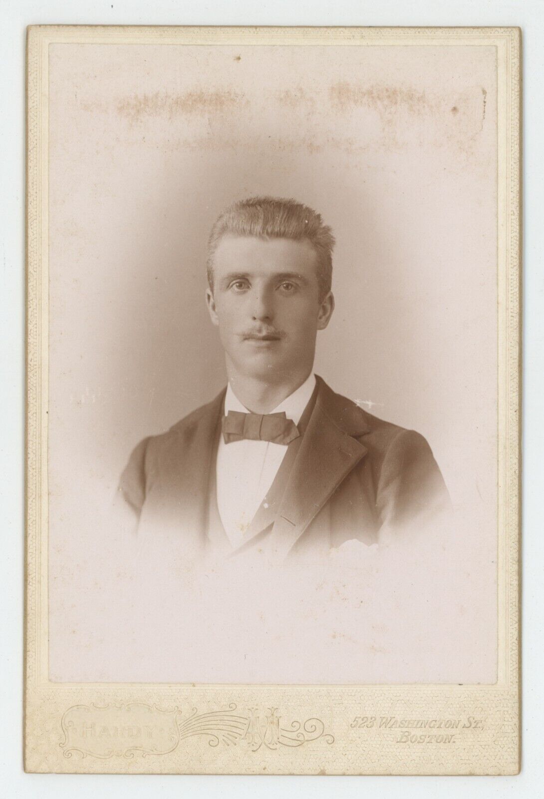 Antique Circa 1880s Cabinet Card Handsome Young Man Mustache Hardy Boston, MA