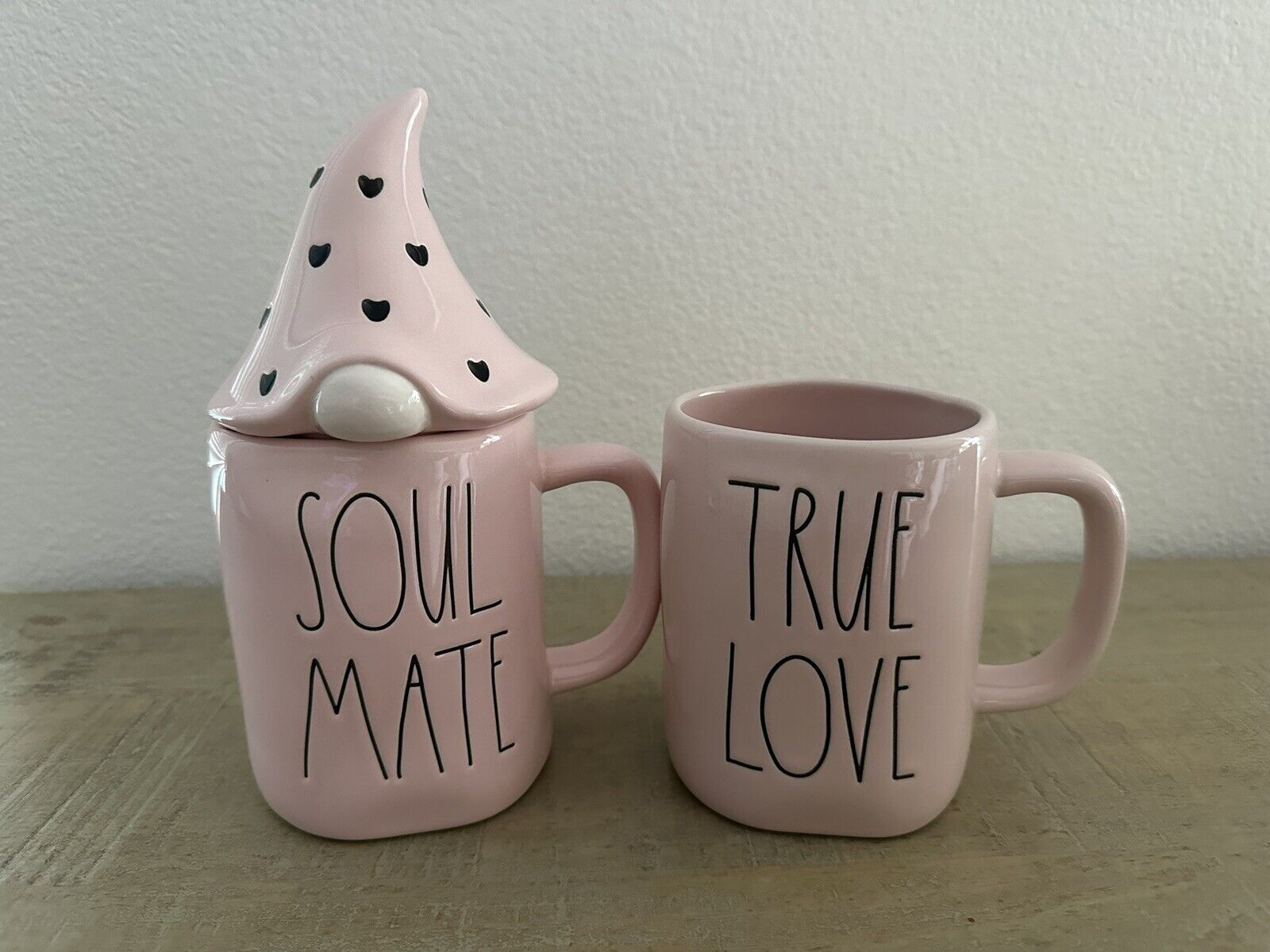 2 NEW Rae Dunn SOUL MATE mug with Gnome hat topper Pink w/ Black & TRUE LOVE CUP