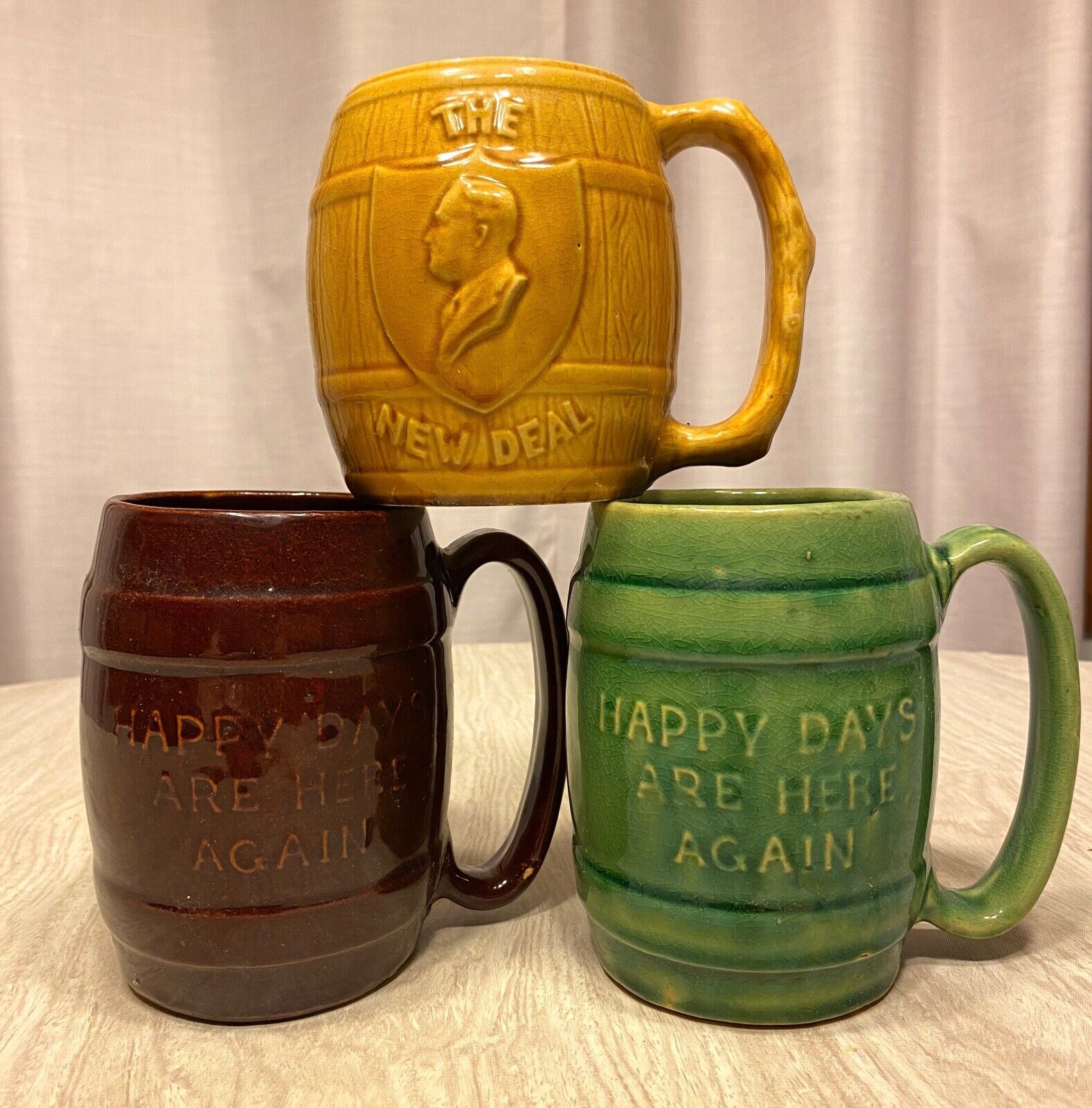 Happy Days Are Here Again Mugs Steins x3 Repeal Prohibition FDR New Deal 1932 