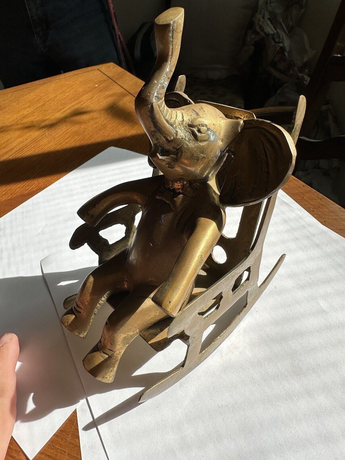 RARE SOLID BRASS ELEPHANT IN ROCKING CHAIR THAT ROCKS