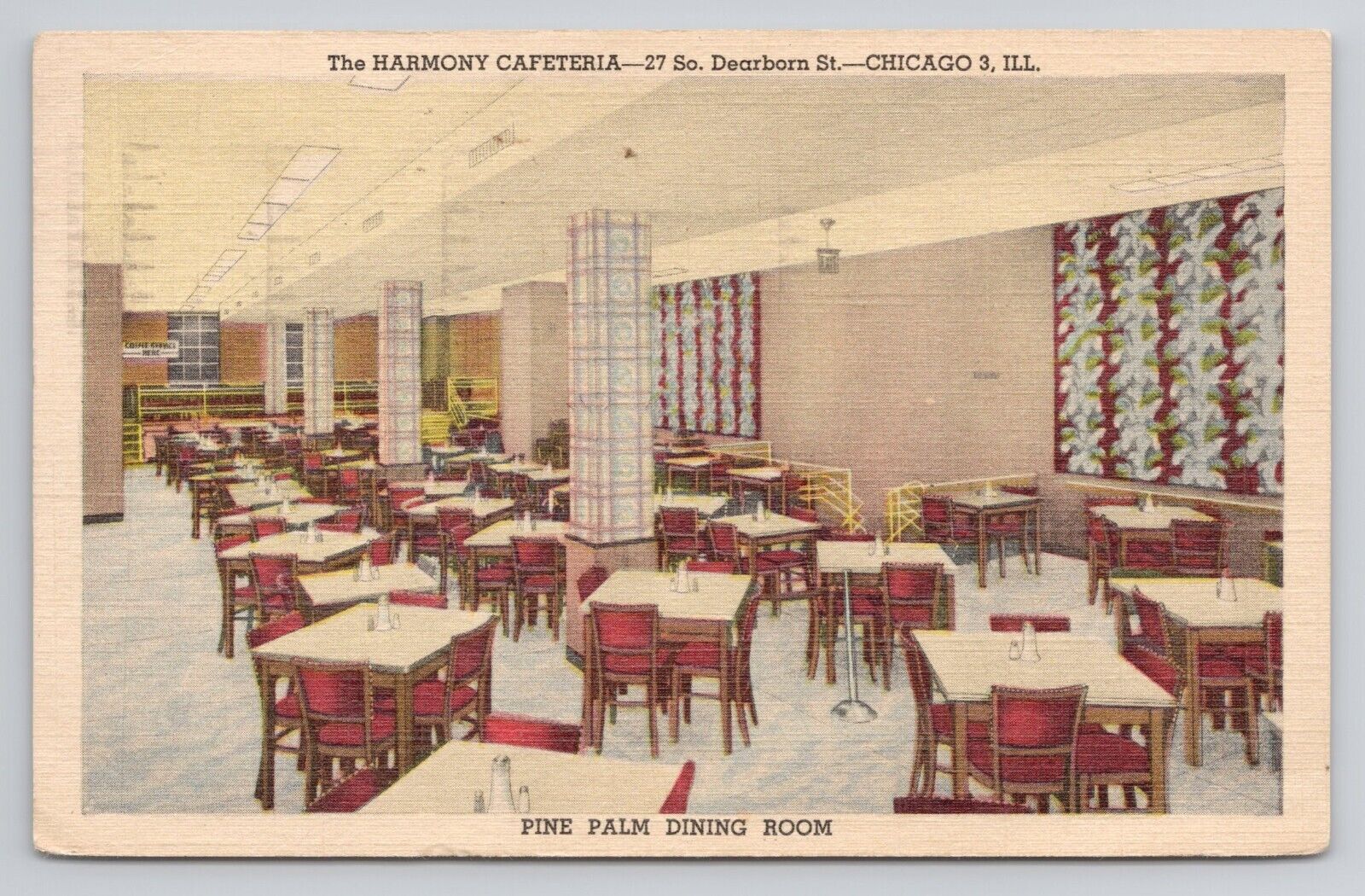 The Harmony Cafeteria Chicago IL Pine Palm Dinning Room Linen Postcard No 3279