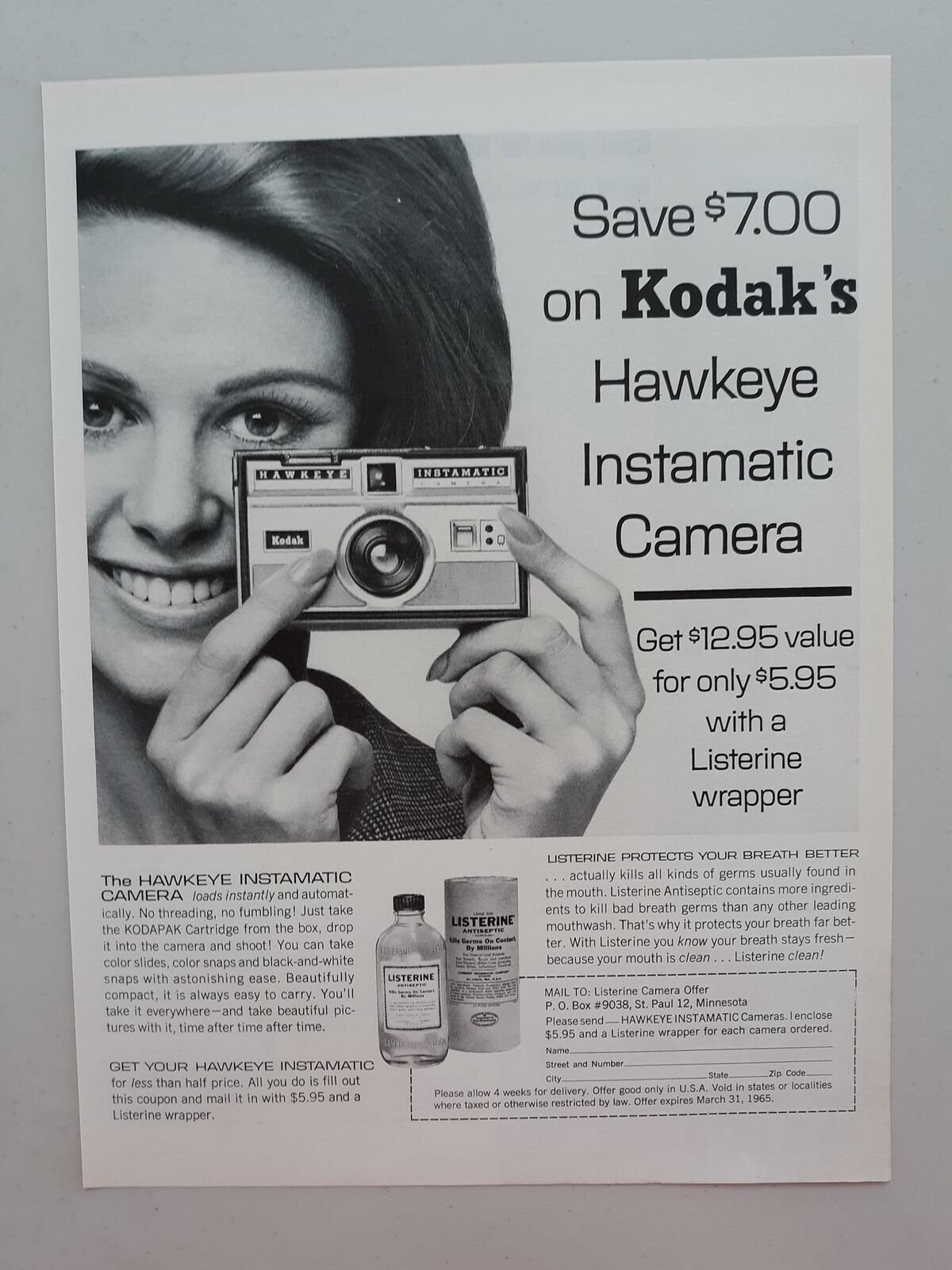 1964 Listerine Antiseptic Mouth Wash Kodak Hawkeye Camera Vtg Magazine Print Ad