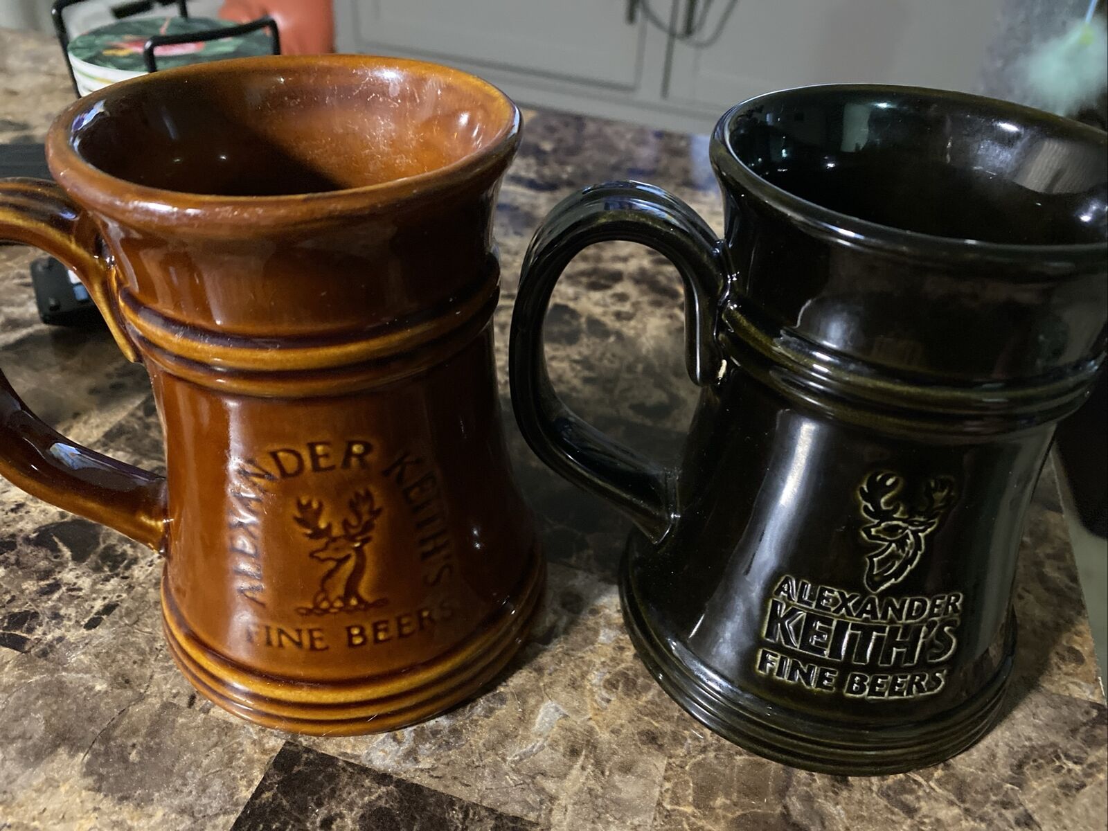 Vintage Alexander Keith\'s Beer Stein Ceramic Set Of 2 Pottery Mug Black & Brown