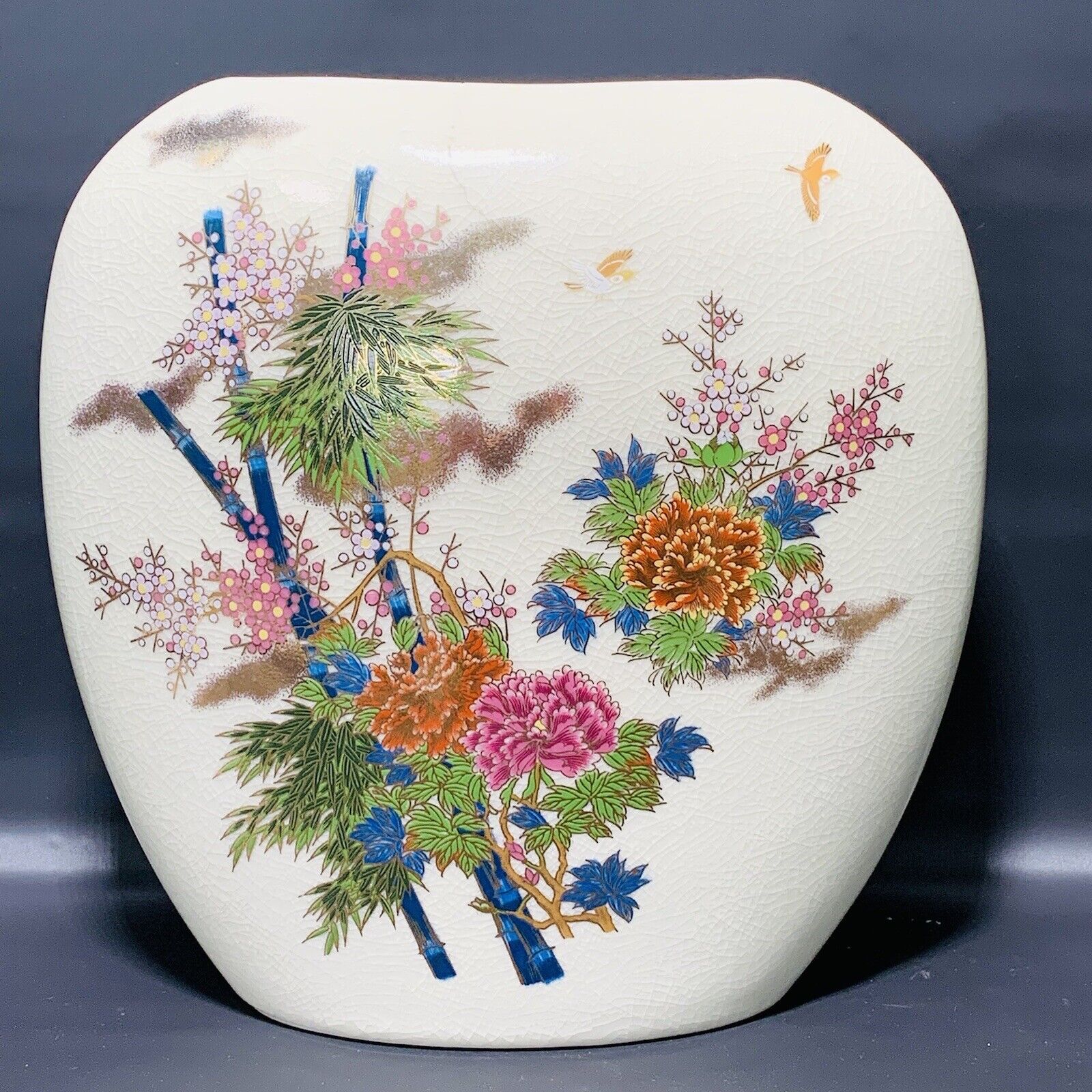 JAPANESE SATSUMA CRACKLE VASE OVAL Yamaji Chrysanthemum Bamboo Dogwood Porcelain