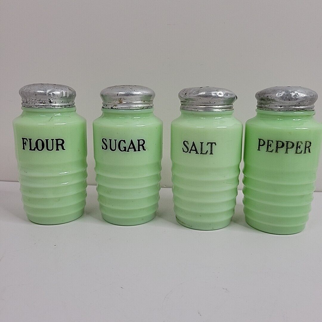 Jadeite Beehive Jeanette Glass Salt Pepper Flour Sugar Shakers Set Uranium MCM