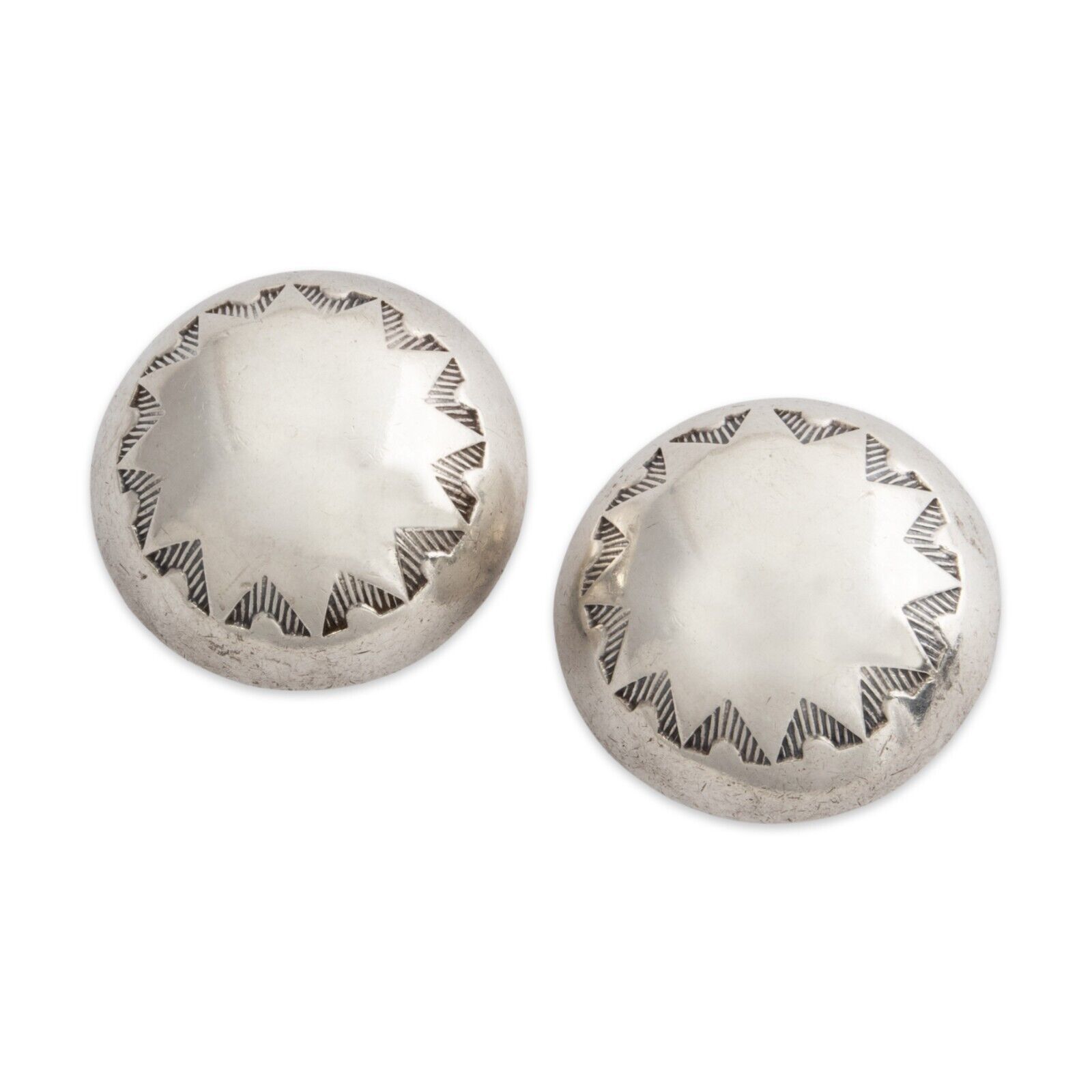 NATIVE AMERICAN FEDERICO JIMENEZ STERLING SILVER STAMPED CONCHO CLIP EARRINGS