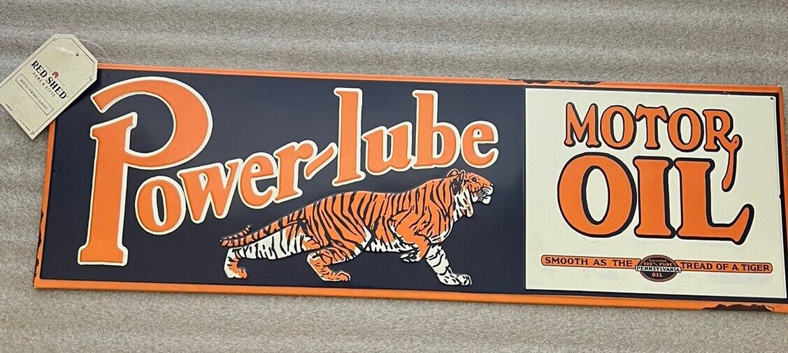 POWER-LUBE MOTOR OIL- Distressed Vintage Tin Sign 24” X 7 1/2