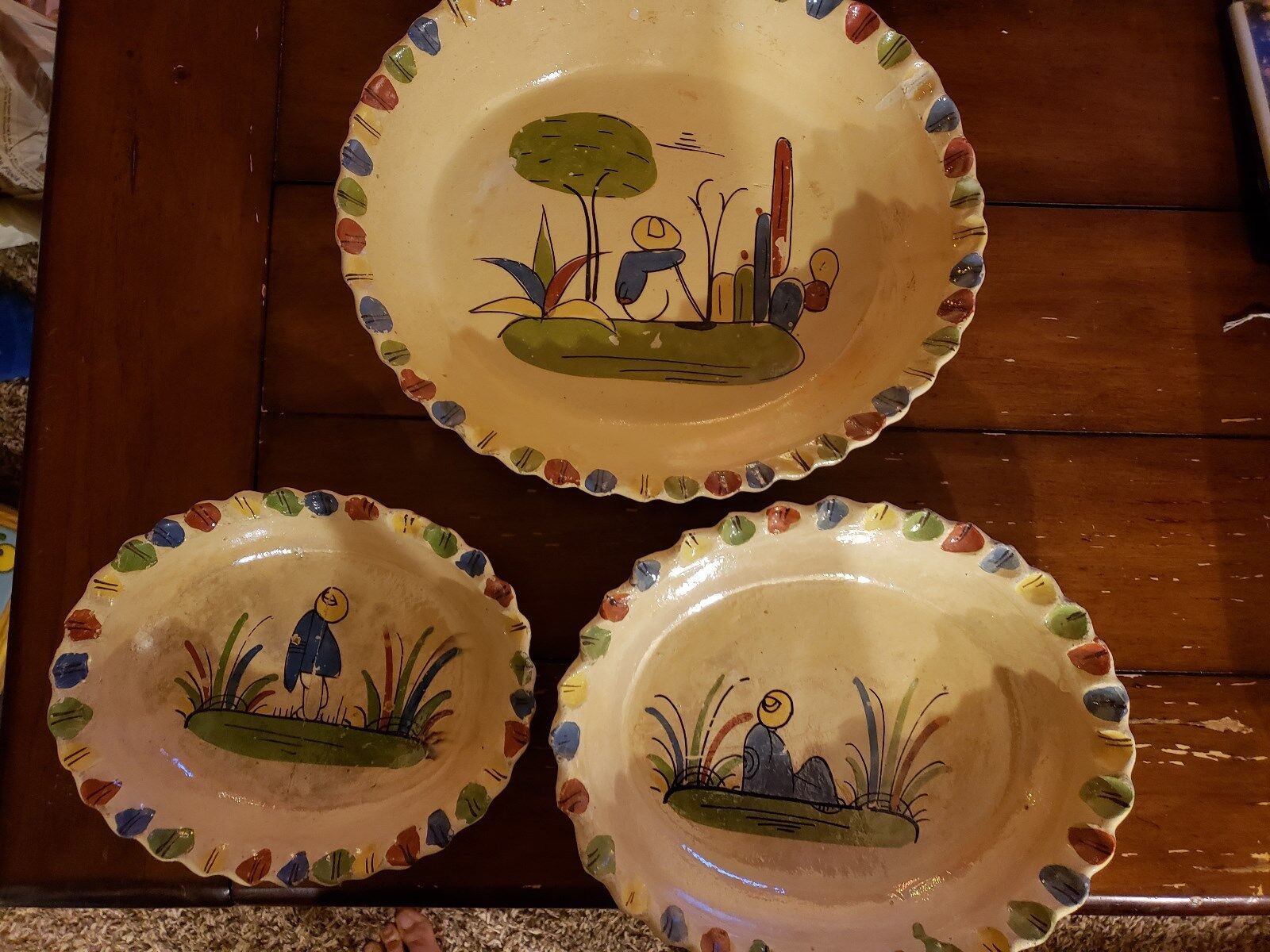 Vintage 1920-1930's Mexican Pottery Oval Hand painted Folk Art Bowl set of 3
